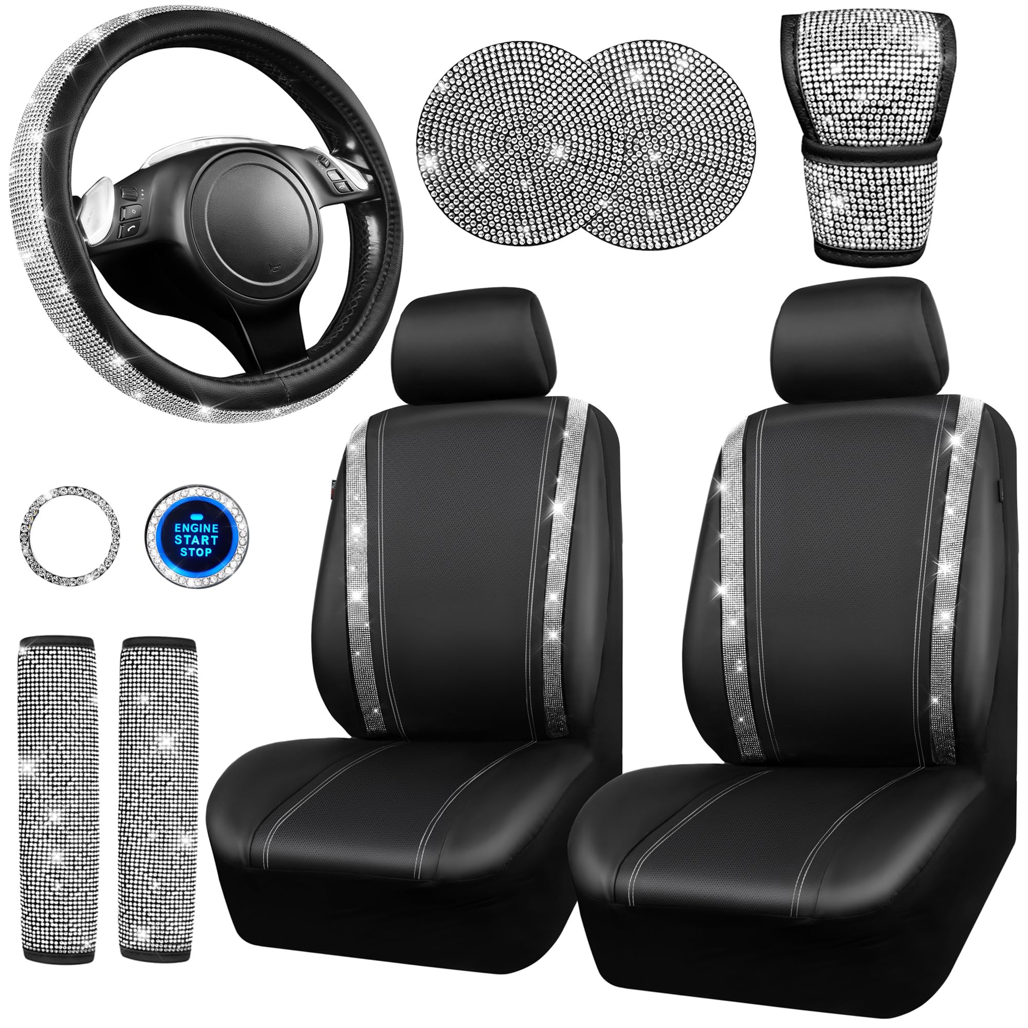 Car Pass Diamond Bling Leather Seat Covers Set - 12 Pcs Glitter Rhinestone Steering Wheel And Car Interior Accessory Set For Wom