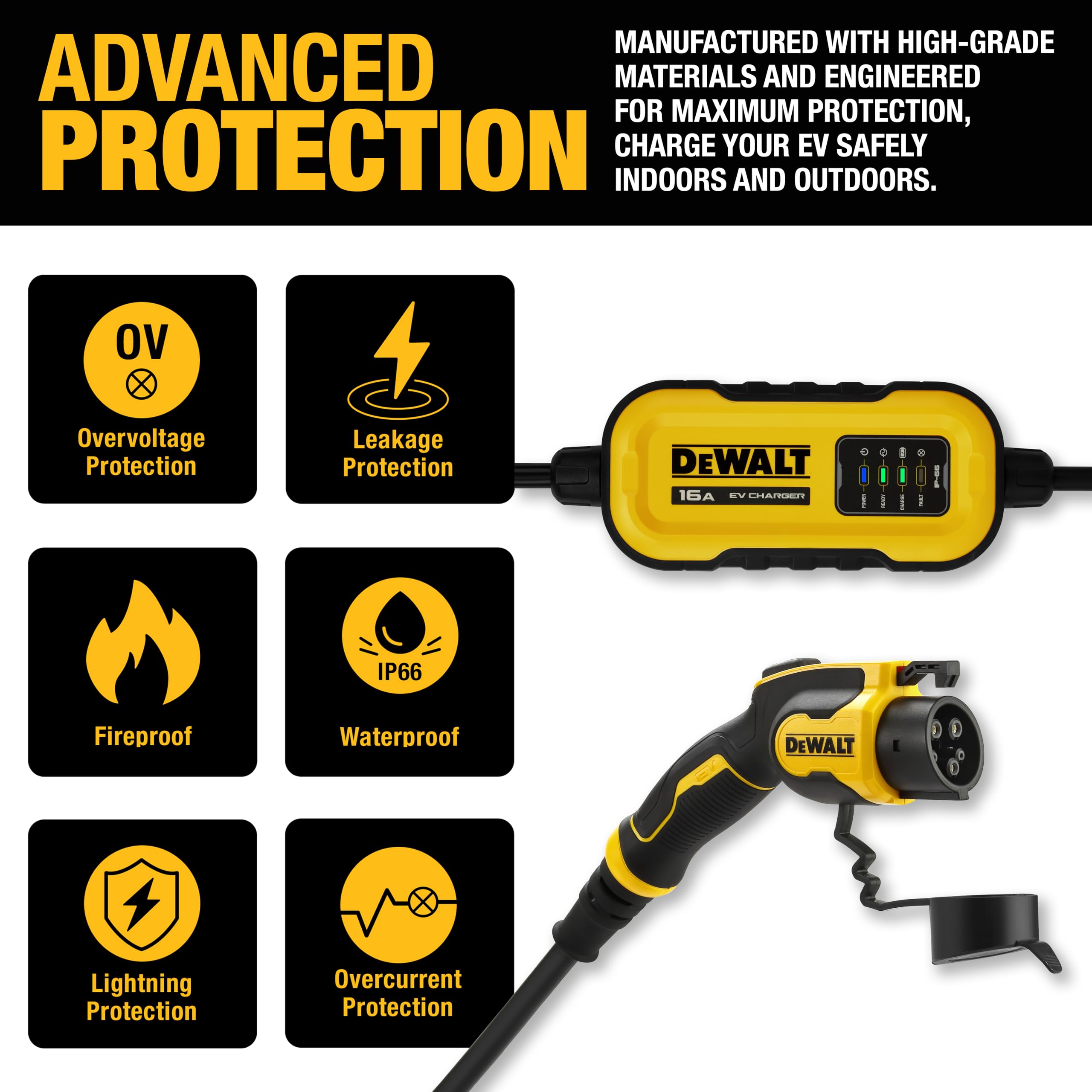 DEWALT Level 1 & 2 Portable Electric Vehicle (EV) Charger, 16 Amps, 120-240V, CSA Certified Indoor/Outdoor, NEMA 6-20 with 5-15