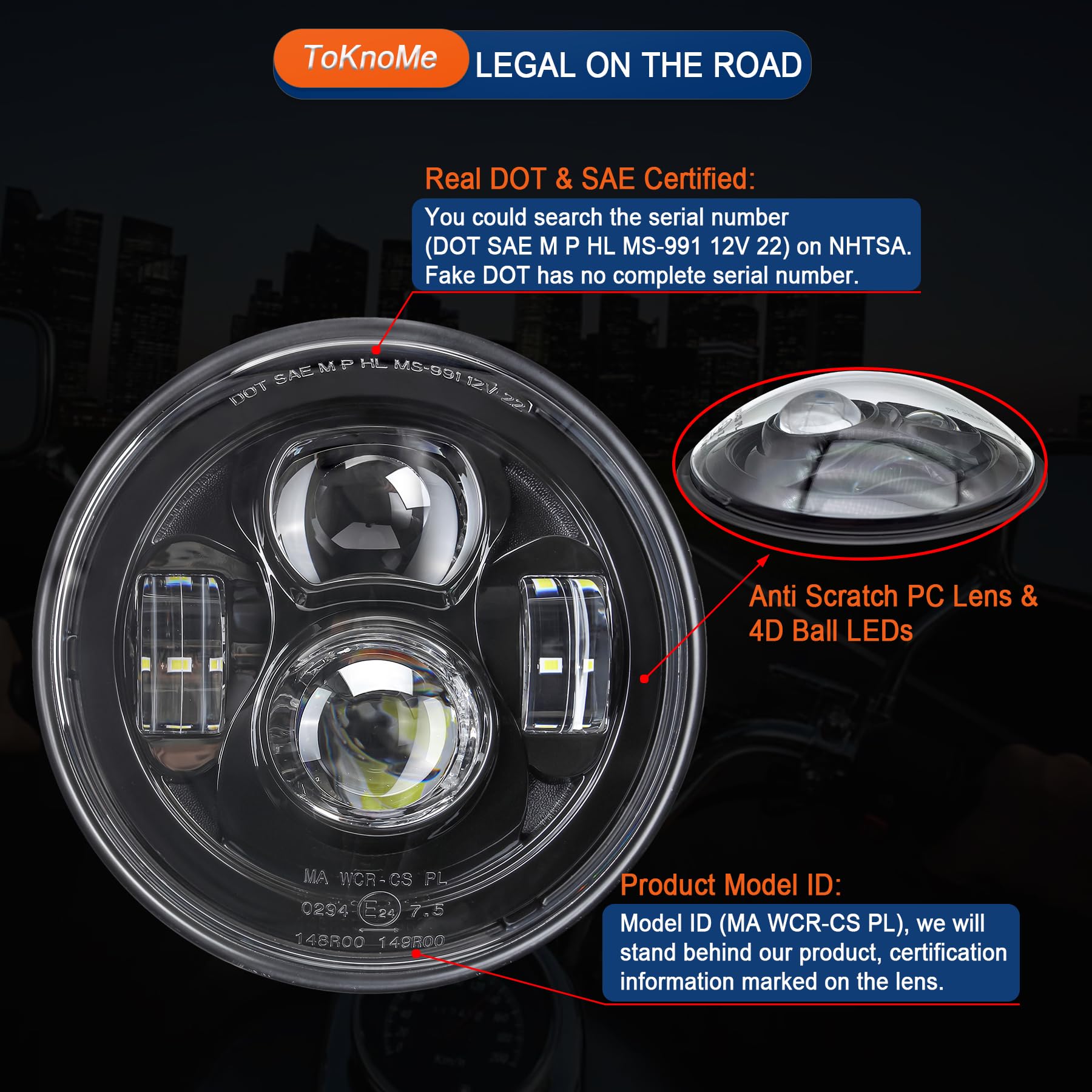 ToKnoMe Black 7'' inch LED Headlight Fog Passing Lights Motorcycle Lamp Compatible with Harley Davidson Touring Road King Ultra