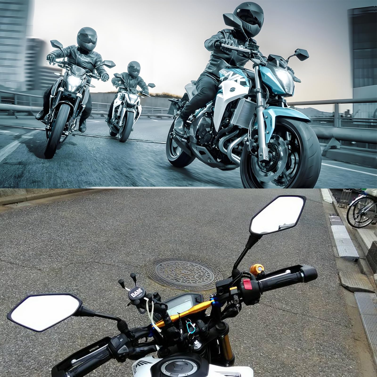 Mamiko Universal Motorcycle Rear View Mirrors, M8/M10 Threaded, Black, Eagle Eye 1, Compatible with Scooters, ATVs, Dirt Bikes, Cruisers