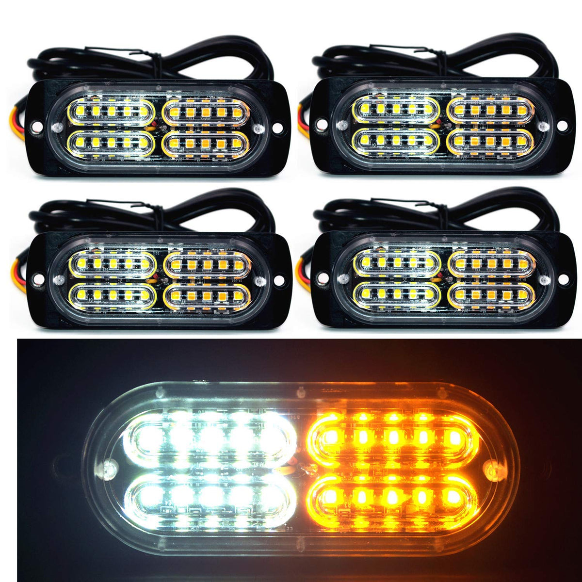12-24V 24-Led Super Bright Led Emergency Strobe Lights Warning For Cars Trucks Vehicle Suv Van Caution Hazard Construction Waterproof Amber Strobe Bar With 32 Different Flashing- 4Pcs (White Amber)