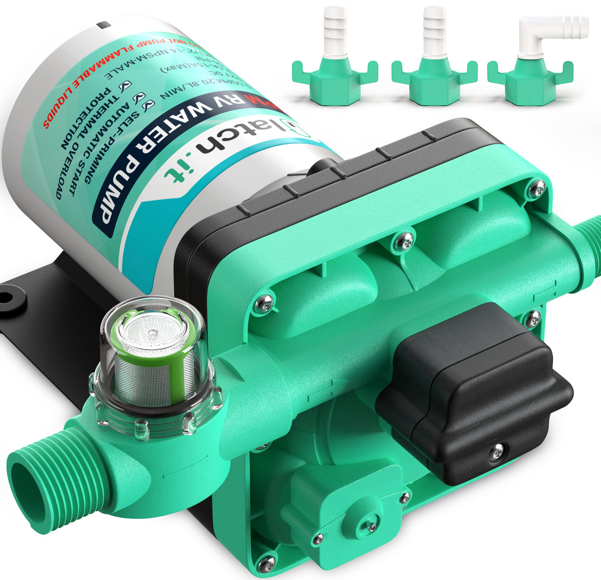 LATCH.IT RV Water Pump 12V | 3.5 GPM 50 PSI Camper Water Pump | 7 Amp 12V WaterPump | Self Priming 12Volt WaterPump | Quiet Oper