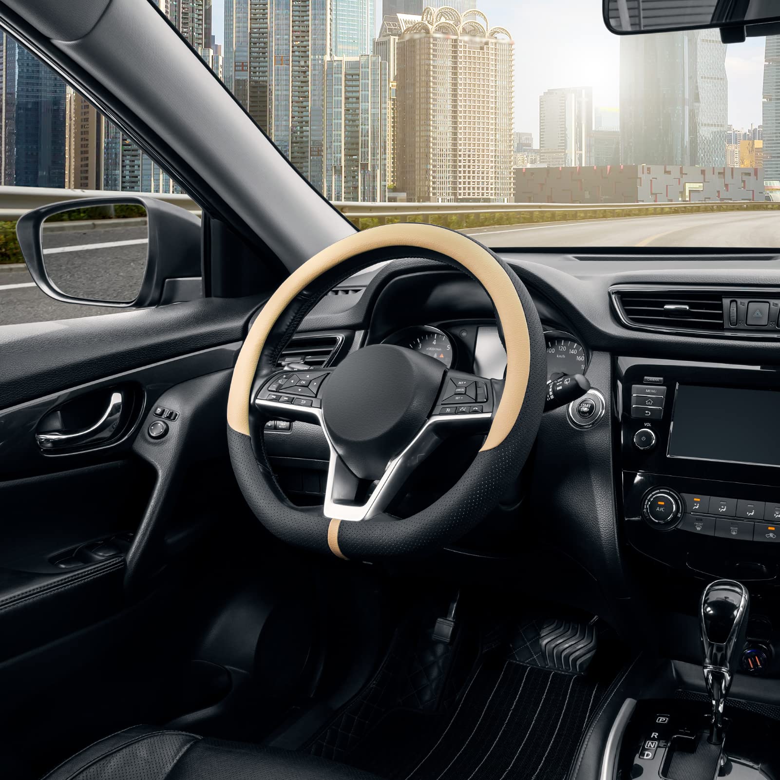 Seg Direct Flat Bottom Steering Wheel Cover Breathable, D Shaped Car Wheel Cover 14 1/2-15 In. (37-39 Cm), Black Beige Microfibe