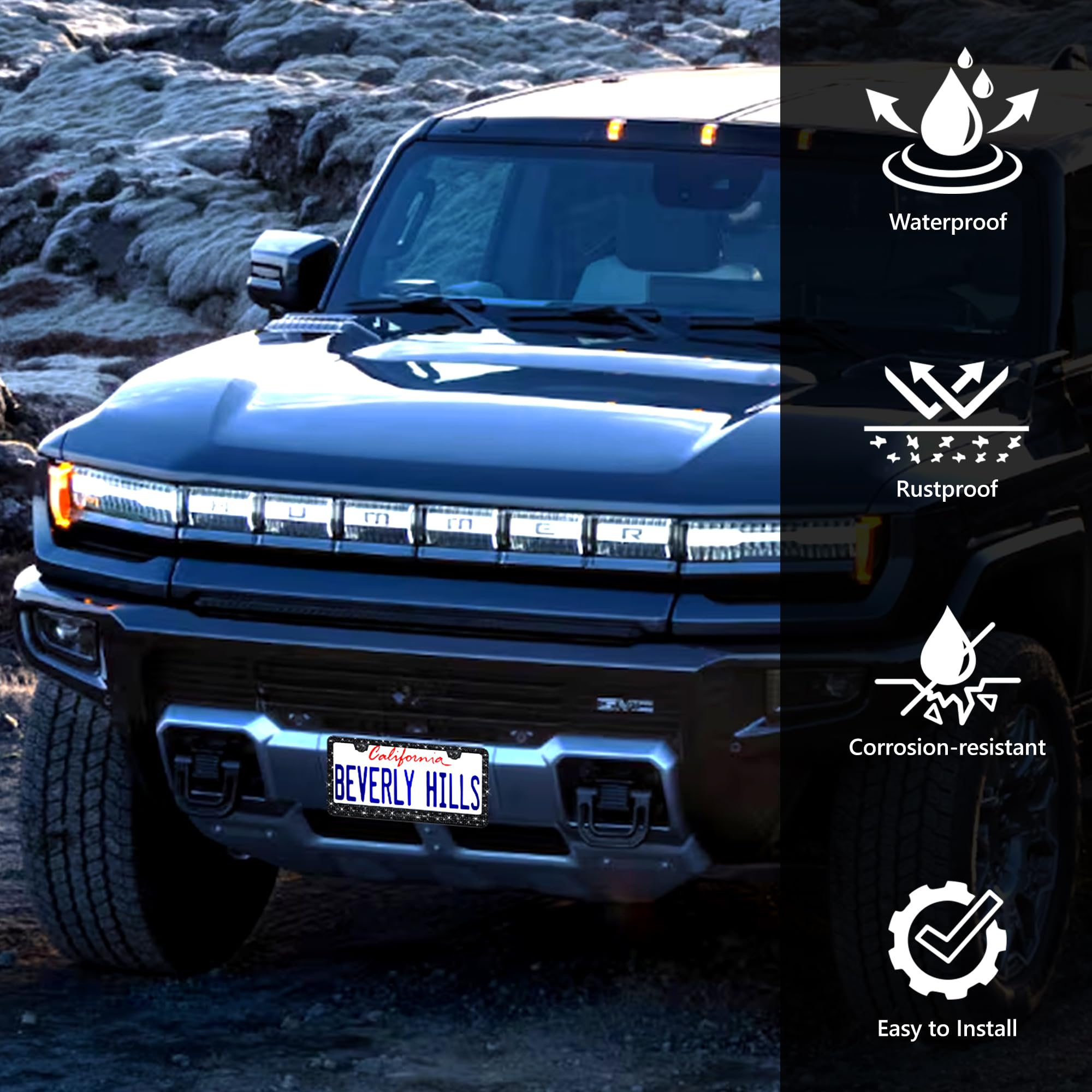 Motorfi 2 Pack Black Bling License Plate Frames For Women - Stainless Steel With Diamond Sparkly Rhinestone License Plate Holder