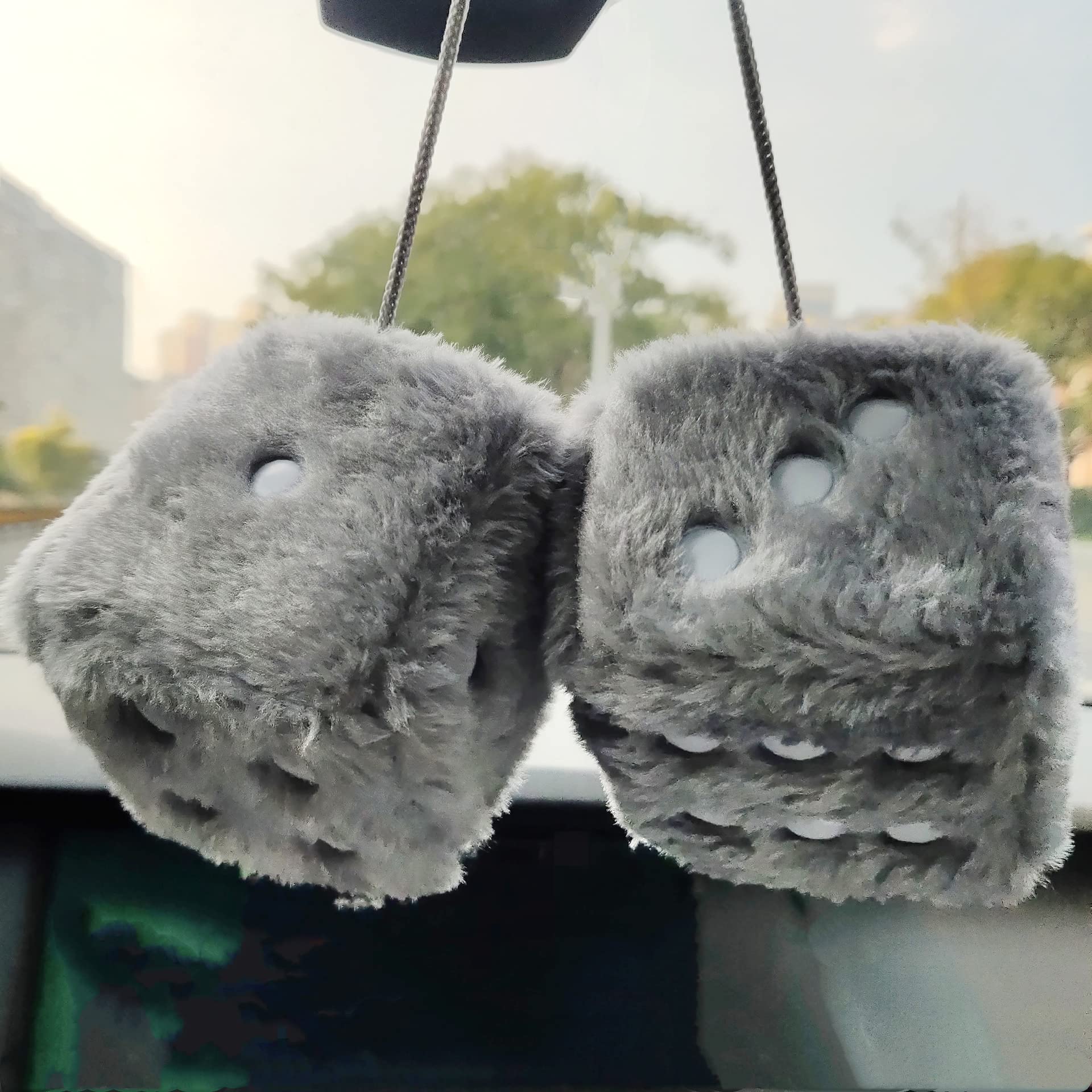 Retro Square Fuzzy Plush Dice - Grey | Suction Cup Hanging For Car Rearview Mirror & Home Decor