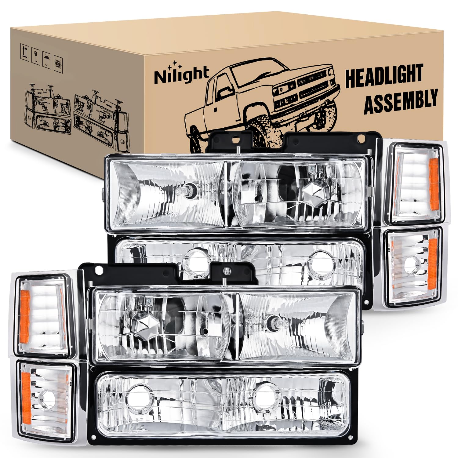 Nilight Headlight Assembly For 1994 1995 1996 1997 1998 Chevy Silverado Tahoe Suburban C10 C/K 1500 2500 3500 Replacement Headla