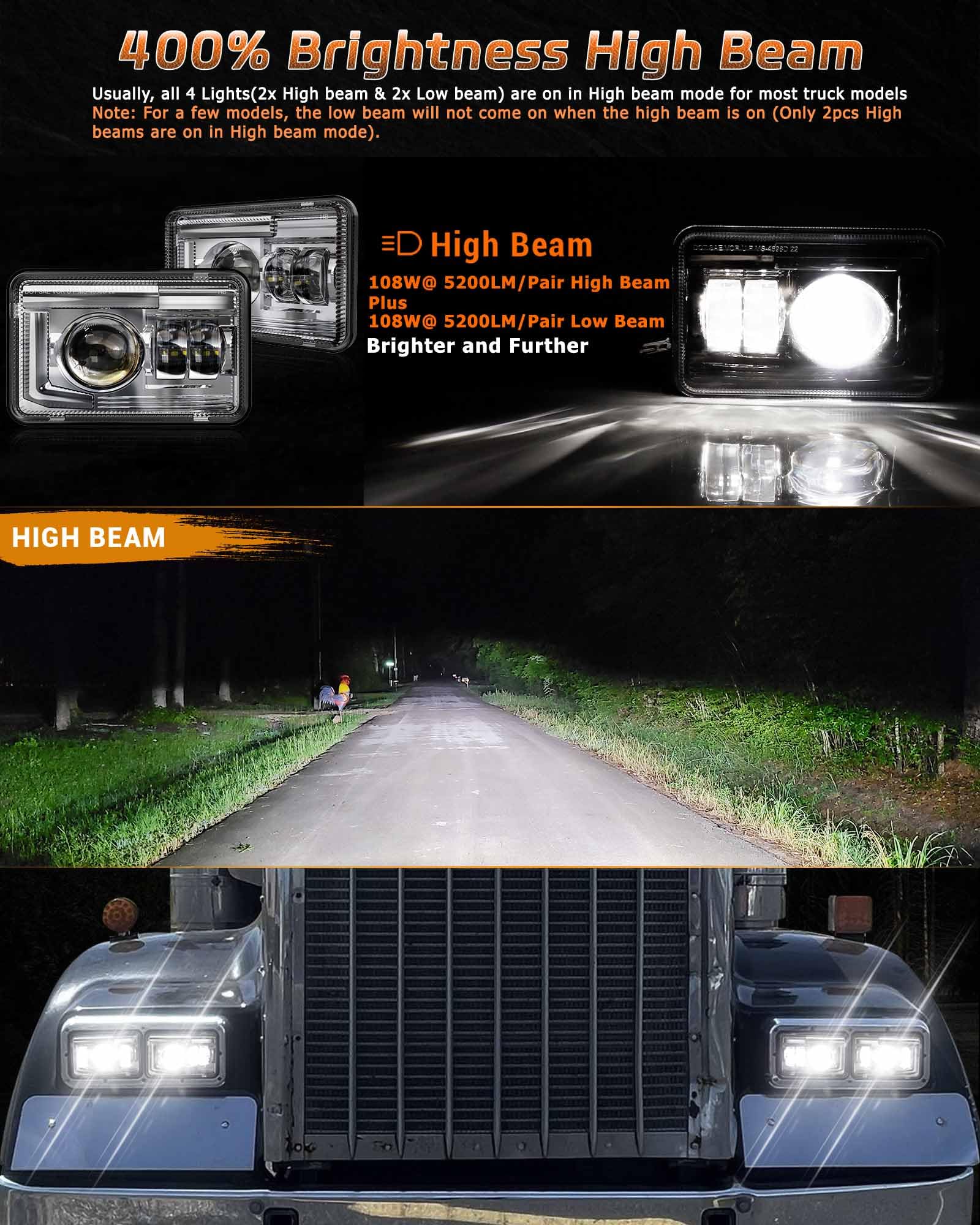 Z-Offroad Dot Approved 4X6 Led Headlights Assembly Hi/Lo Sealed Beam Compatible With Kw T800 T600 Peterbilt 379 Freightliner Che