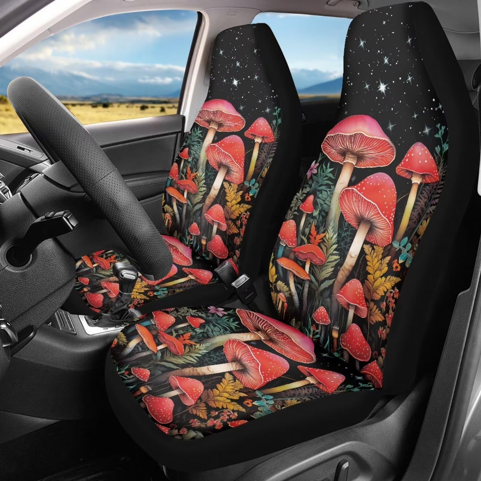 Bigcarjob Mushroom Car Seat Cover Set For Women, Fantastic Print Auto Front Seat Protector Set Of 2 Pcs, Vehicle Bucket Seat Pad