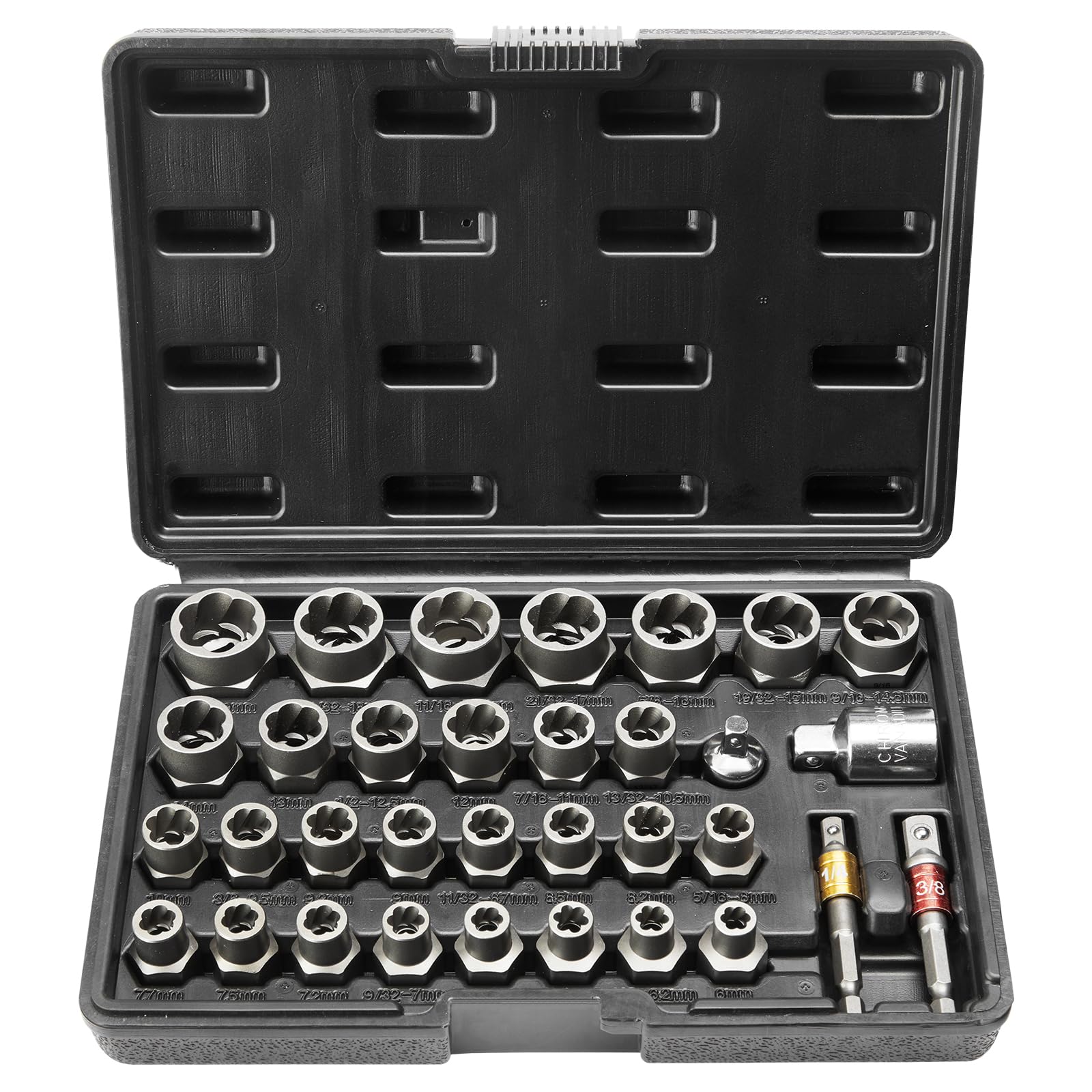 VEVOR Bolt Extractor Set, 32-Piece Bolt and Nut Remover Set, 6mm to 10mm, 13/32 to 3/4, CR-MO Steel Extraction Socket Set with S