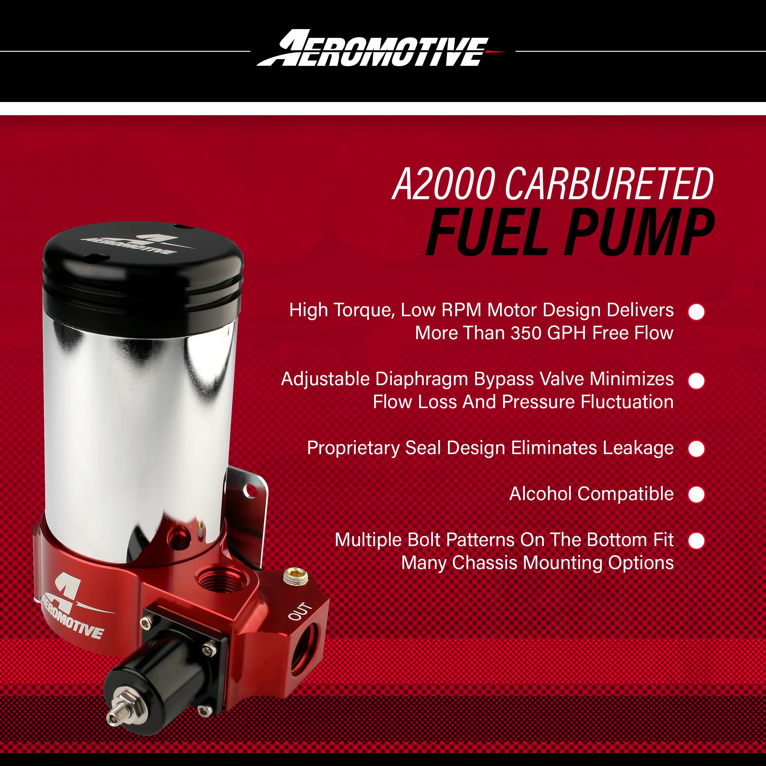 Aeromotive 11202 A2000 Carbureted Fuel Pump, High Horsepower, 12V Electric, Gas Or E85 Fuel Type, Adjustable Bypass, 350+ Gph, Orb-10 Ports, Ideal For Drag Racing And High-Performance Vehicles