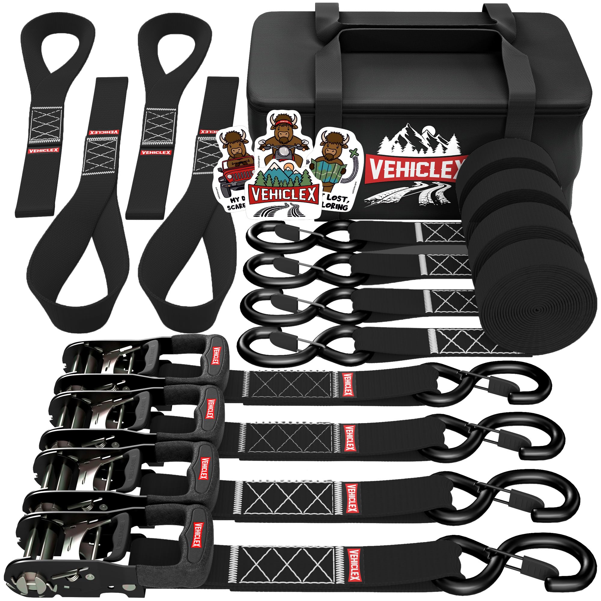 Motorcycle Ratchet Tie Down Straps With Soft Loops - Vehiclex 4Pk Heavy Duty 1.5' X 8Ft Kit, 4,400 Lb Breaking Strength For Powersports, Black