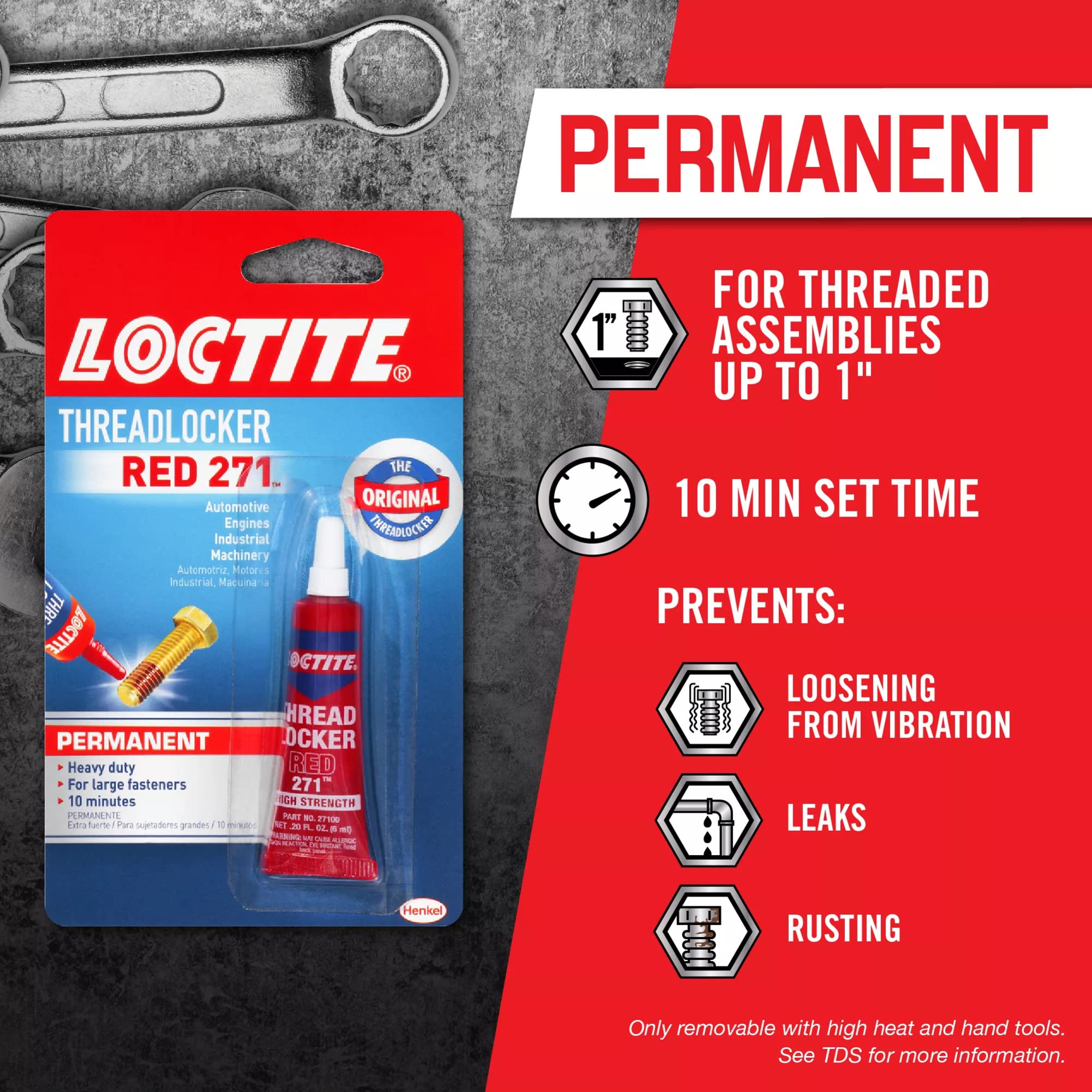 Loctite Threadlocker Red 271 - Permanent Thread Lock Glue For Nuts, Bolts, & Fasteners, High Strength Screw Glue To Prevent Loos