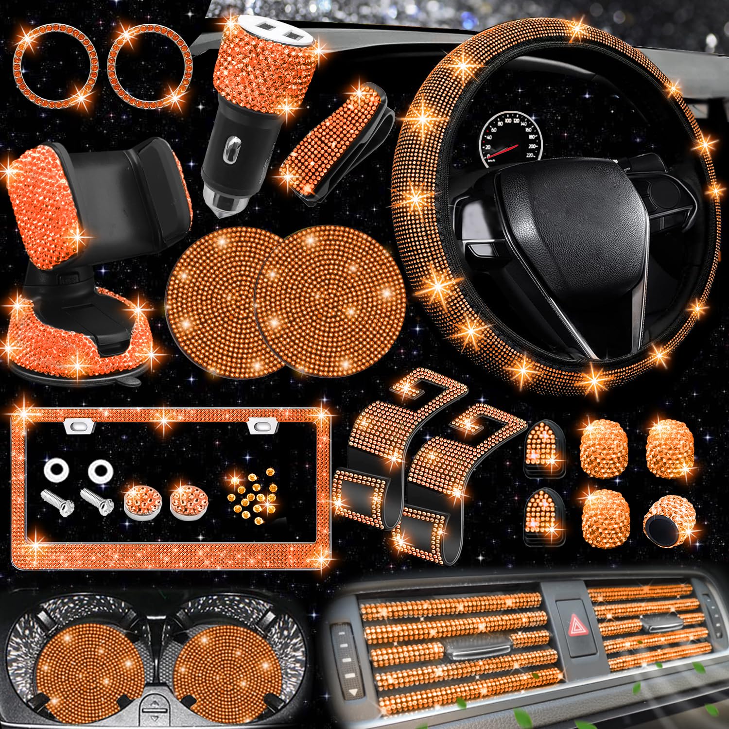 NBTEPEM 27 PCs Orange Bling Car Accessories Set for Women, Bling Steering Wheel Covers Universal Fit 15 Inch, Bling License Plat