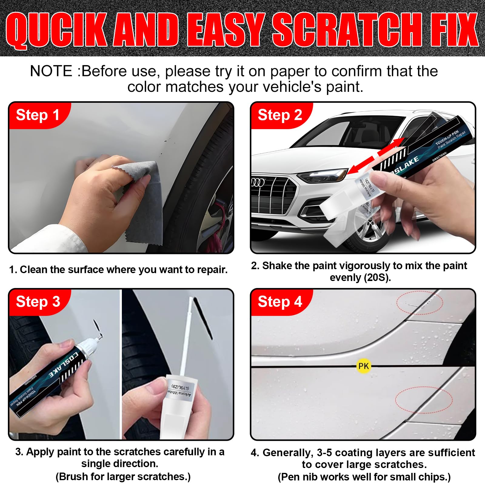 Coslake Car Touch Up Paint(Arkona White(Ly9L/Z9)) For Audi, Car Paint Scratch Repair Kit, Quick & Easy Solution To Repair, 2 In