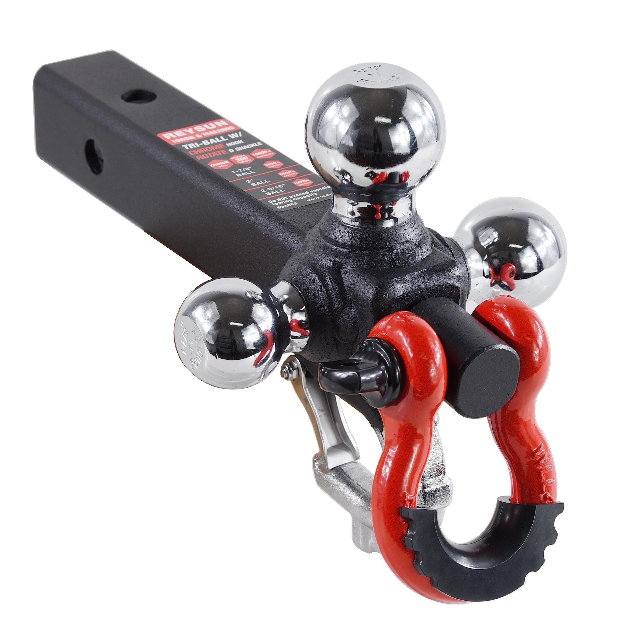 Reysun Trailer Hitch Tri-Ball Mount: With Swivel Tow Shackle And Tow Hook, Fits For 2-Inch Receiver, Chrome Trailer Ball Size 1-