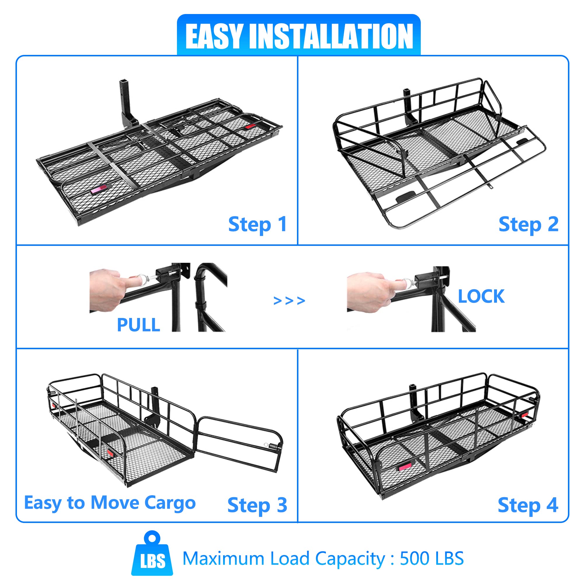 Kairay 500 Lbs Heavy Duty Hitch Mount Cargo Carrier 60' X 24' X 14.4' Folding Cargo Rack Rear Luggage Basket Fits 2' Receiver For Car Suv Camping Traveling