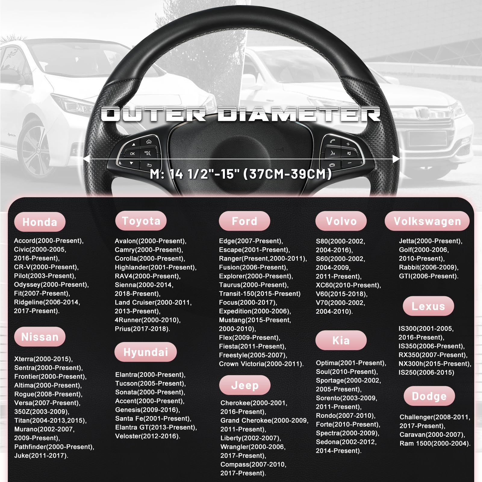 Seg Direct Steering Wheel Cover For Car, Standard Size 14.5-15 Inch, Auto Interior Accessories, Black And Pink