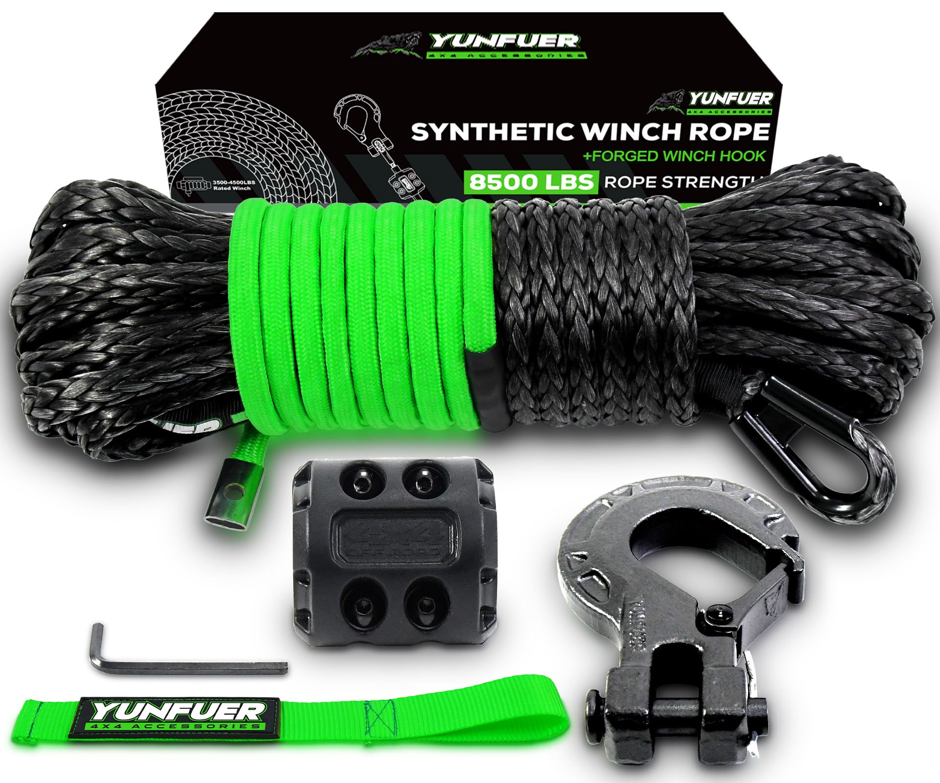 YUNFUER Synthetic Winch Rope Cable Kit, 3/16 x 50ft 8500LBS Black Winch Rope with Protective Sleeve, Forged Winch Hook, Rubber S