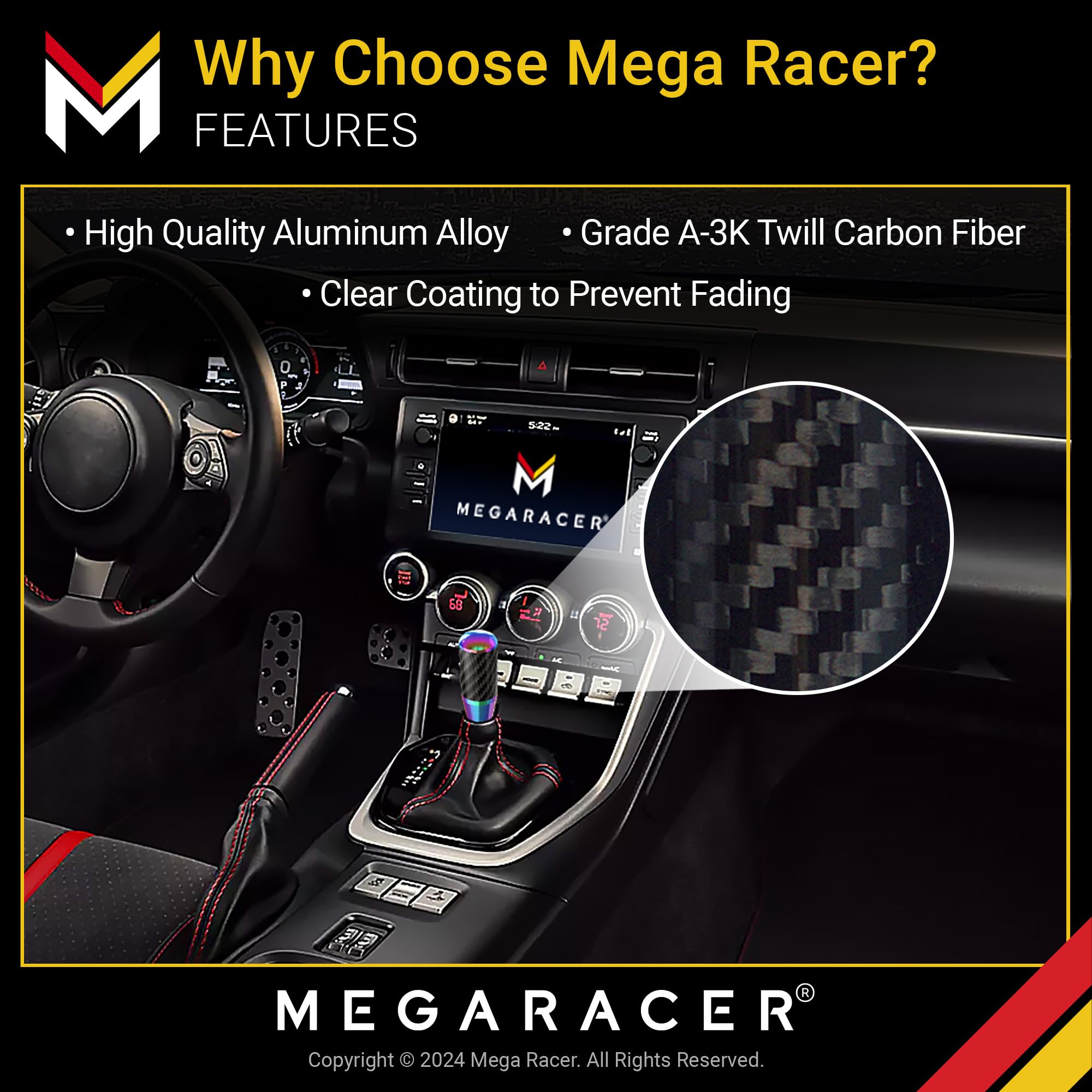 Mega Racer Neo Chrome Carbon Fiber Shift Knob | Buttonless Automatic Manual Shift Knobs | Car Gear Shifter | 6 Speed 4 5 Speed |