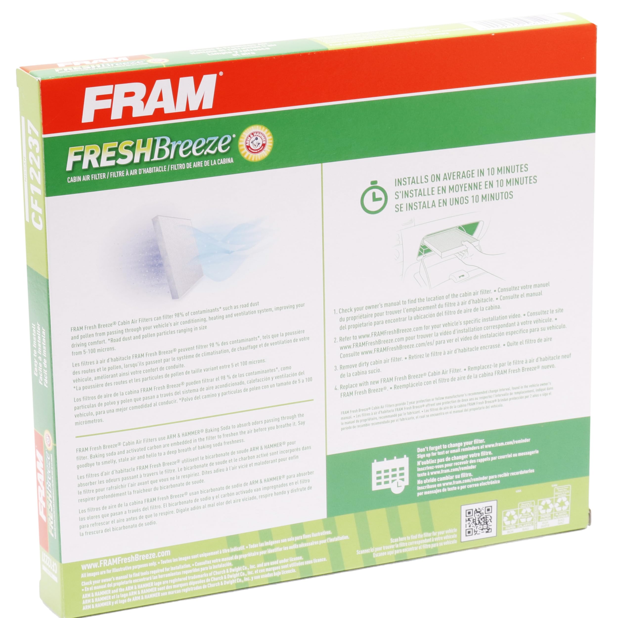 FRAM Fresh Breeze Cabin Air Filter Replacement for Car Passenger Compartment w/Arm and Hammer Baking Soda, Easy Install, CF12237