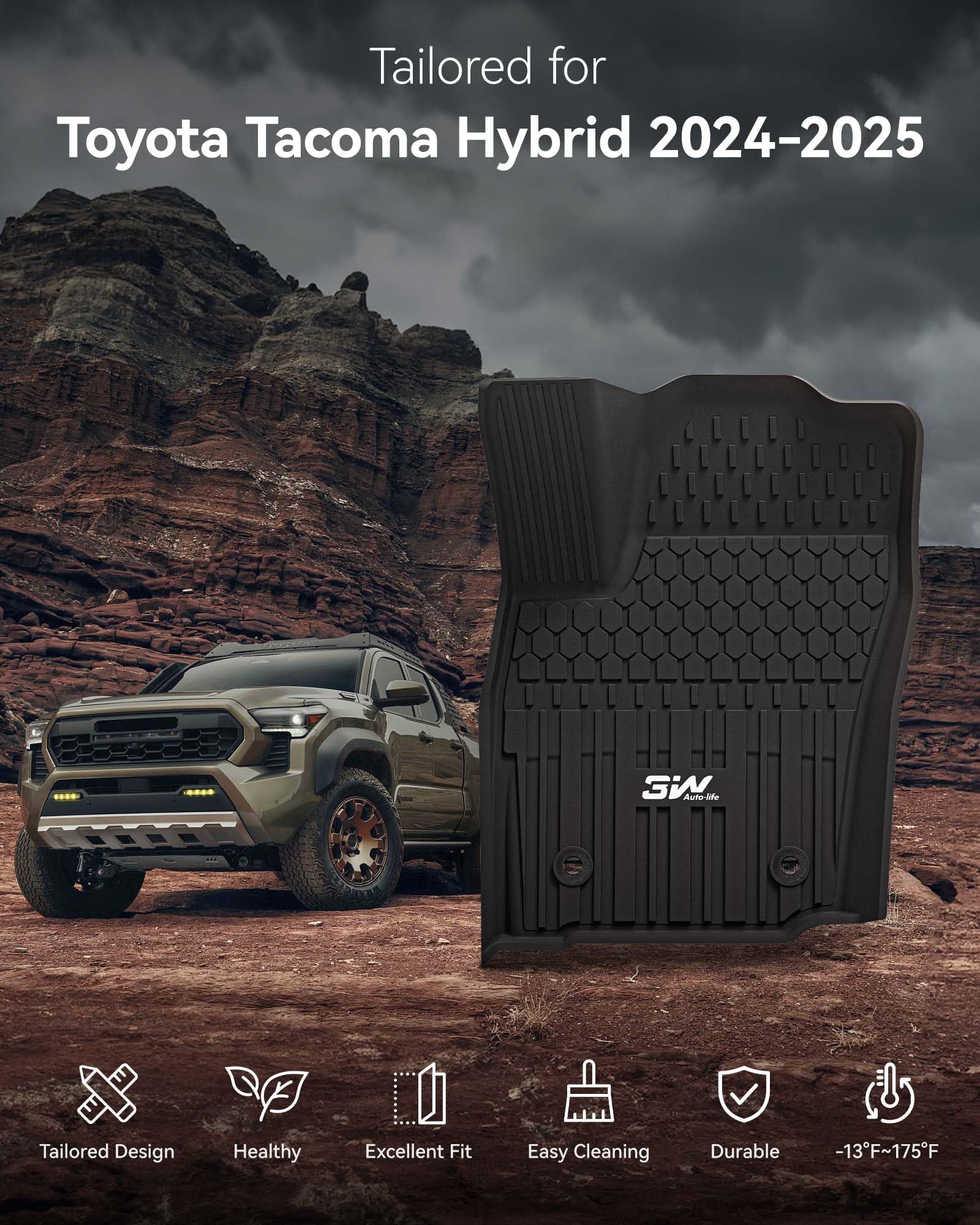 3W Floor Mats Fit For Toyota Tacoma Hybrid 2024-2025, Tpe All Weather Custom Fit Floor Liner For Tacoma Accessories 1St And 2Nd