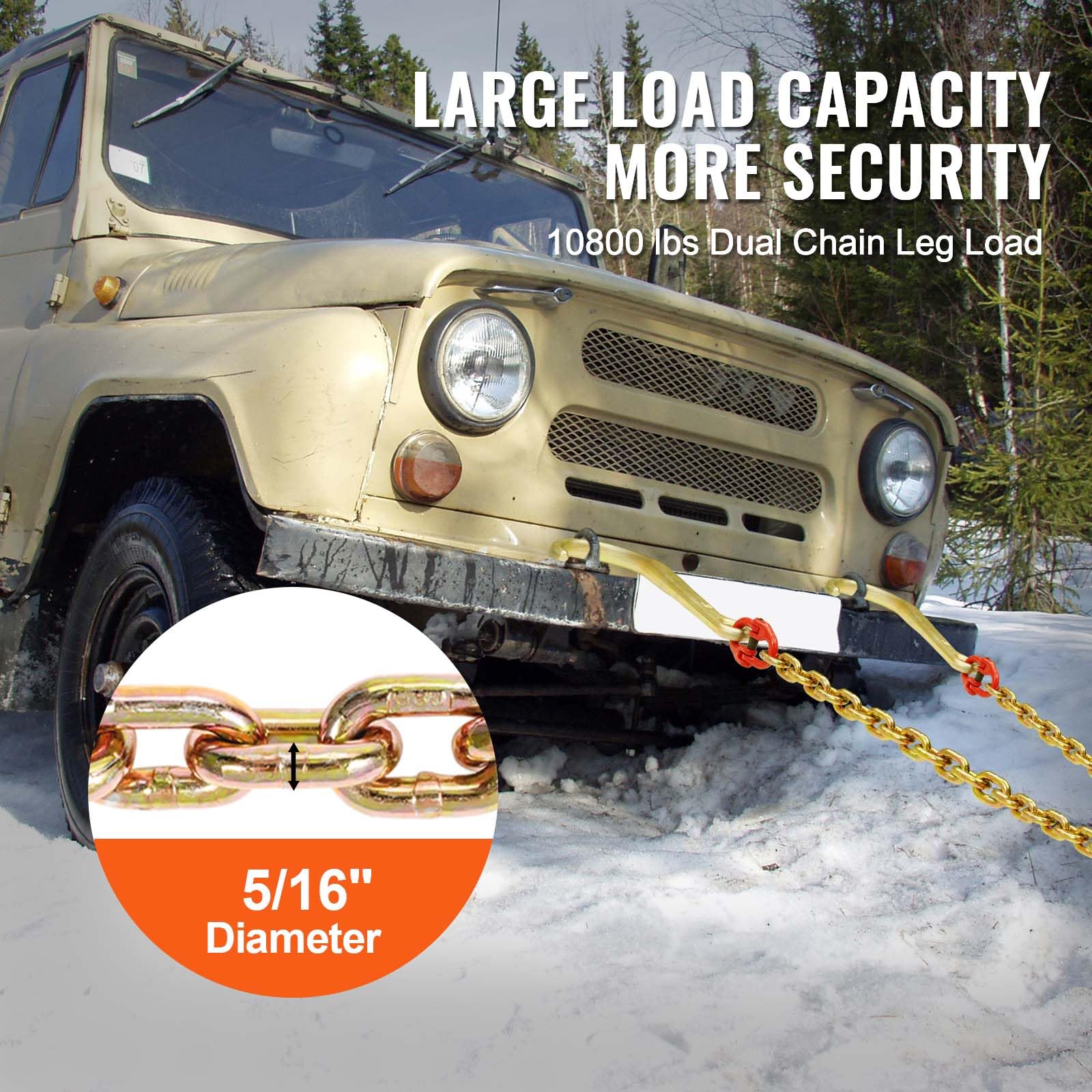 VEVOR G80 V Bridle Chain, 5/16'' x 2' Towing Chain Bridle with 15'' J Hooks and Grab Hooks, Heavy Duty Transport Tow Chain Bridl