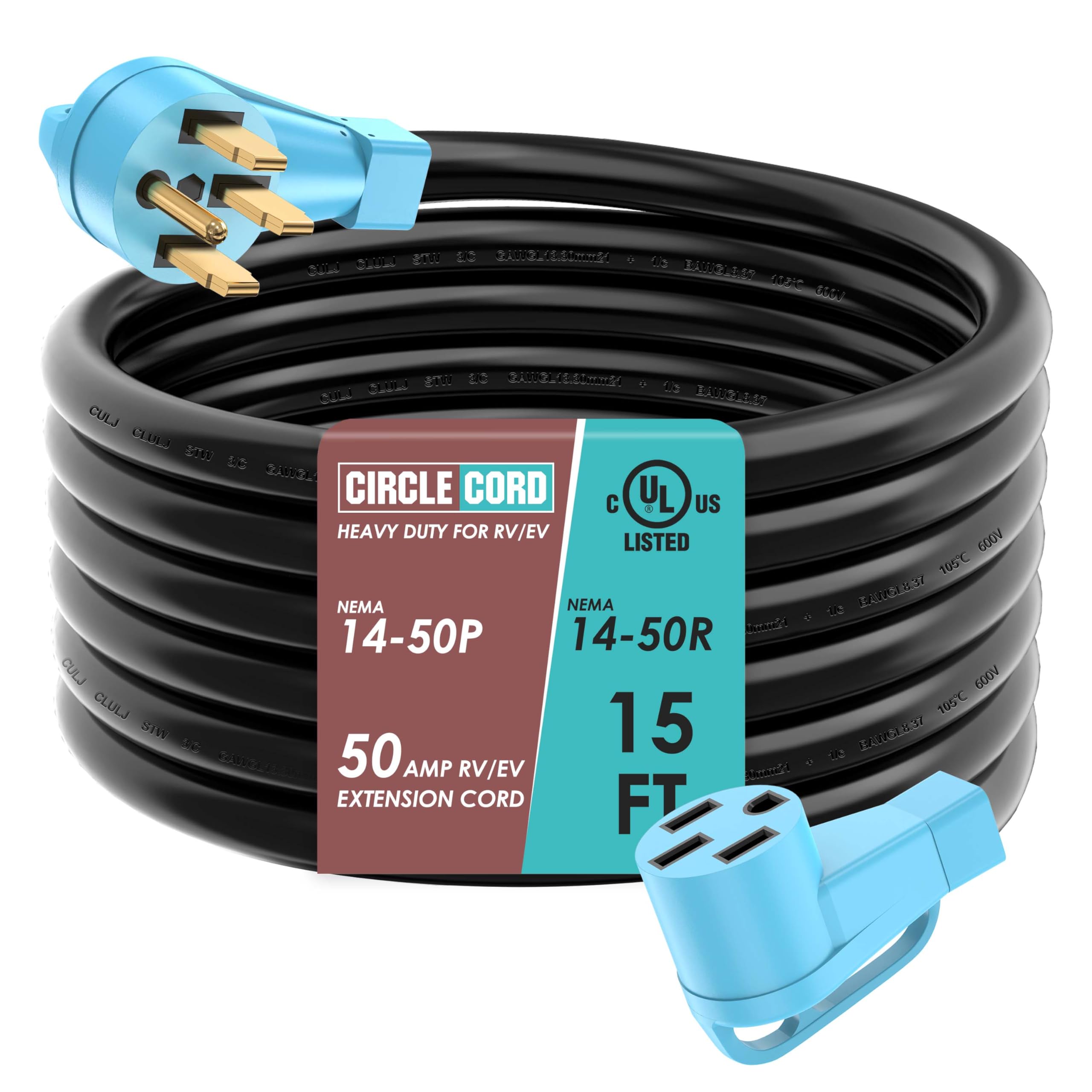 Circlecord Ul Listed 50 Amp 15 Feet Rv/Ev Extension Cord, Heavy Duty 6/3+8/1 Gauge Stw Wire, Nema 14-50P/R Suit For Tesla Model