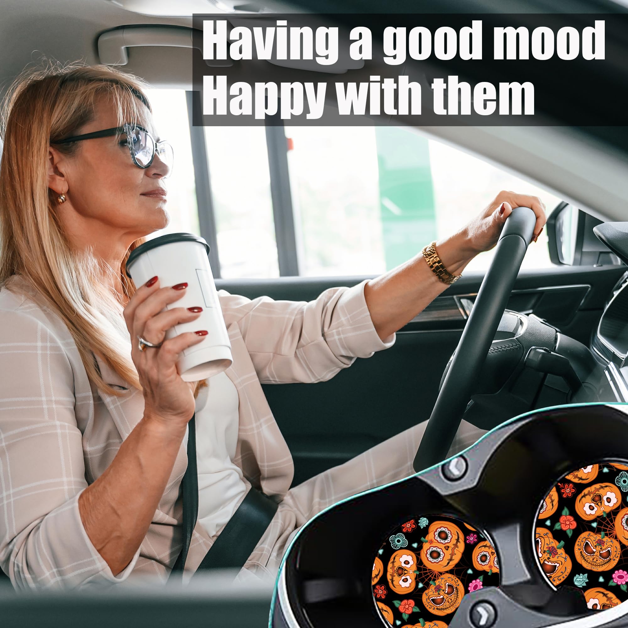 Halloween Spider Web Pumpkin Car Coasters For Cup Holders, Car Accessories, 2 Pack Absorbent Ceramic Car Cup Holder Coasters For