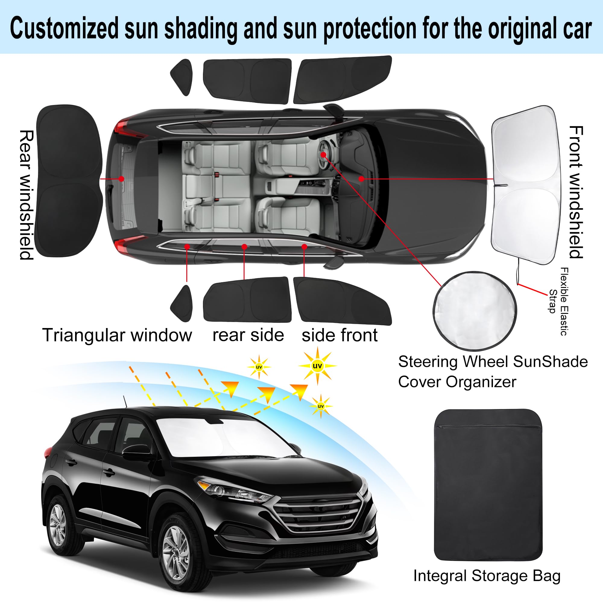 8Pcs Yycke Window Shades For Tucson 2016-2021 For Hyundai Accessories Car Side Full Windows Rear Triangular Windshield Sun Shade