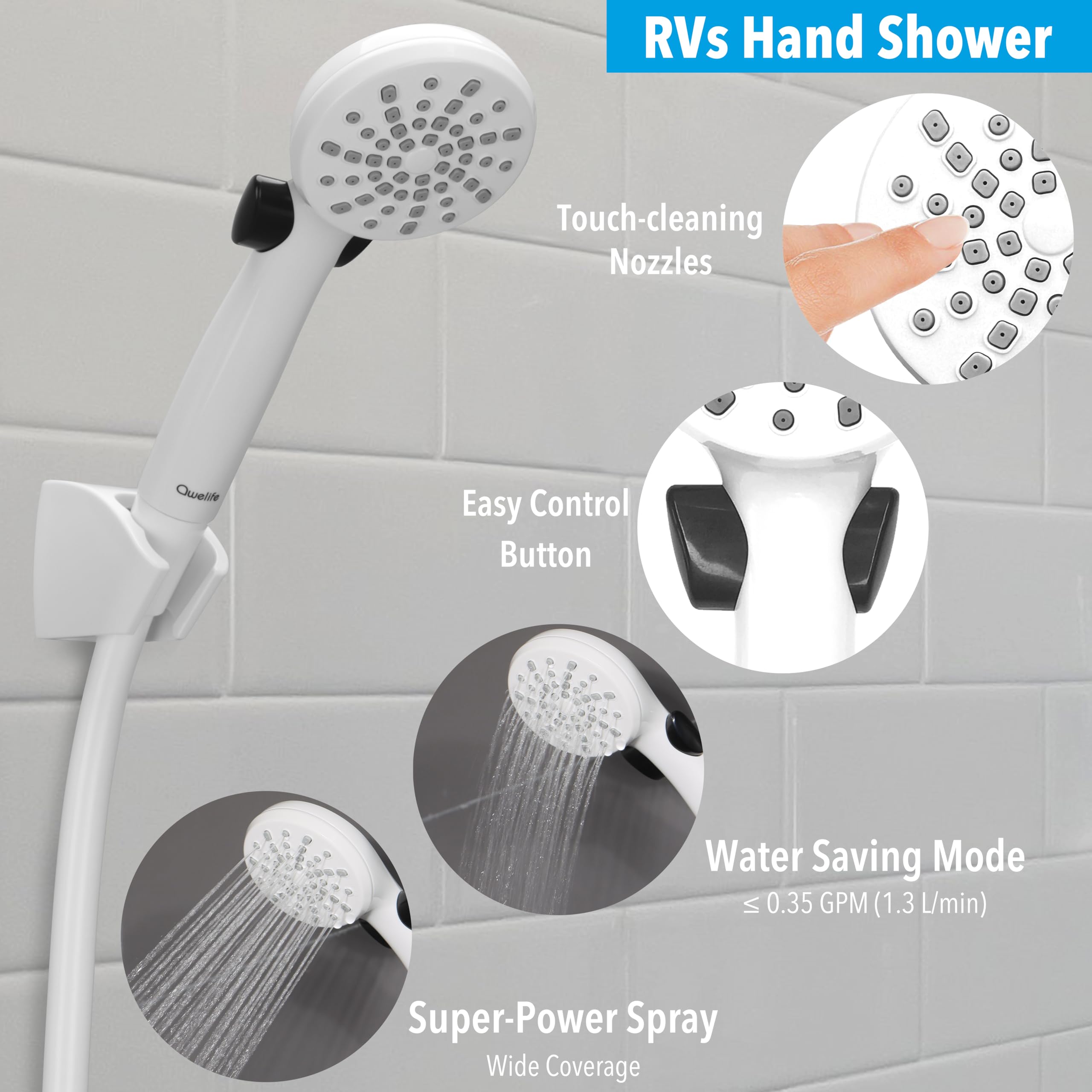 Rv Shower Head With Hose And On Off Switch (Trickle), Water Saving High Pressure Shower Head With Hose Guide Ring, Shower Holder
