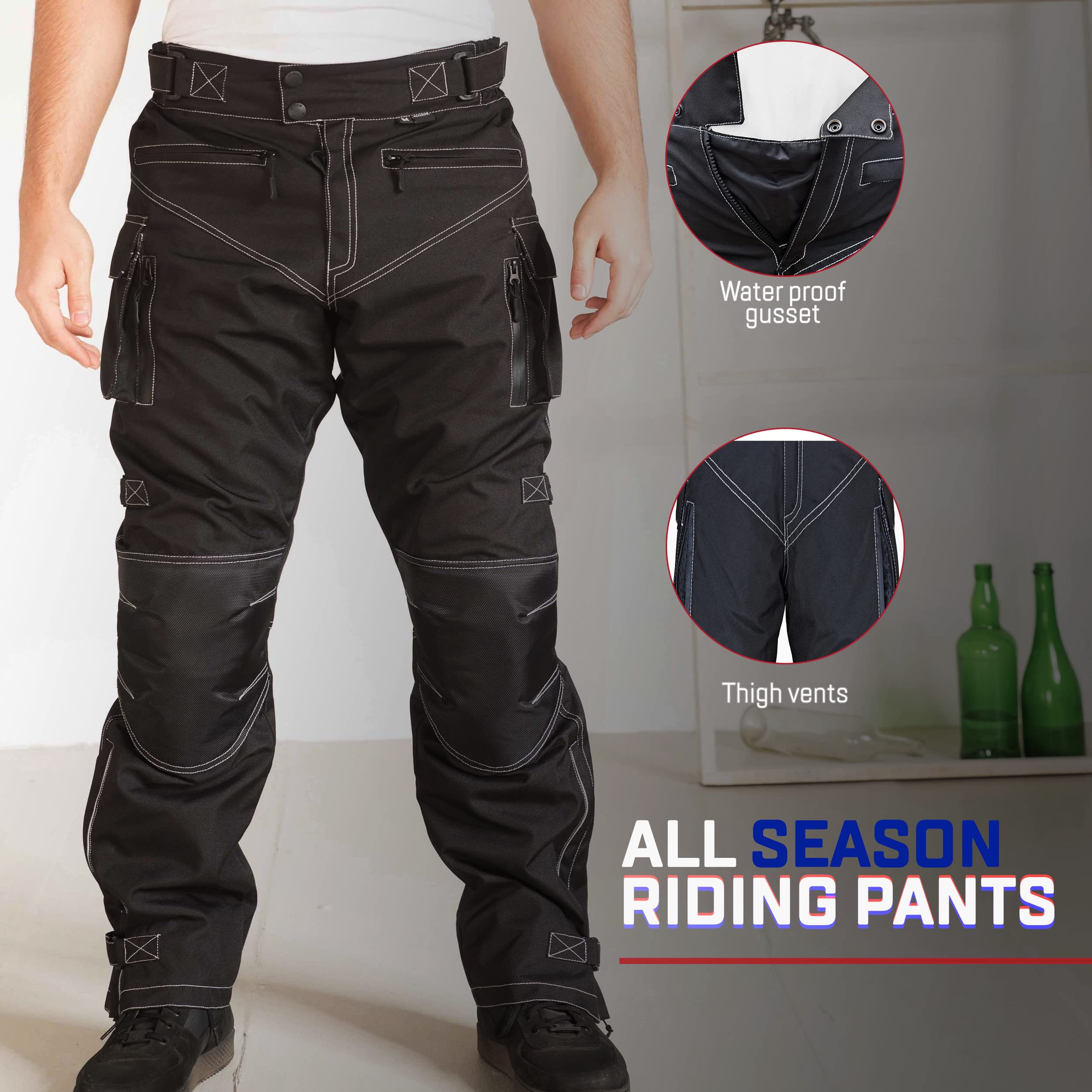 WICKED STOCK Mens Waterproof Armored Motorcycle Riding Dual Sport Pants Protective CE Level-1 Black