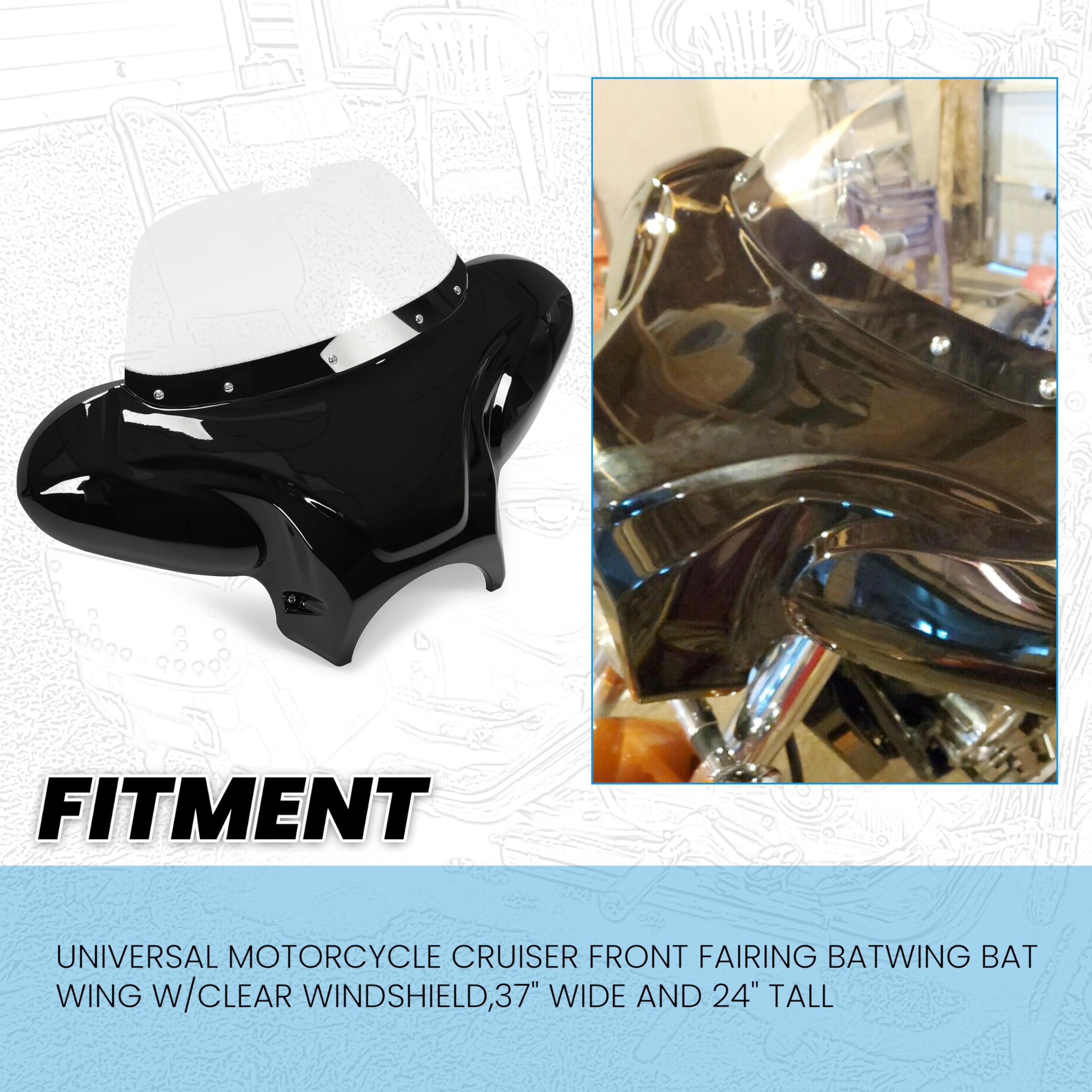 Ecotric Universal Motorcycle Cruiser Front Outer Fairing Batwing W/Clear Windshield 37' Wide X 24' Tall Bat Wing Transparent Black Abs Plastic Durable