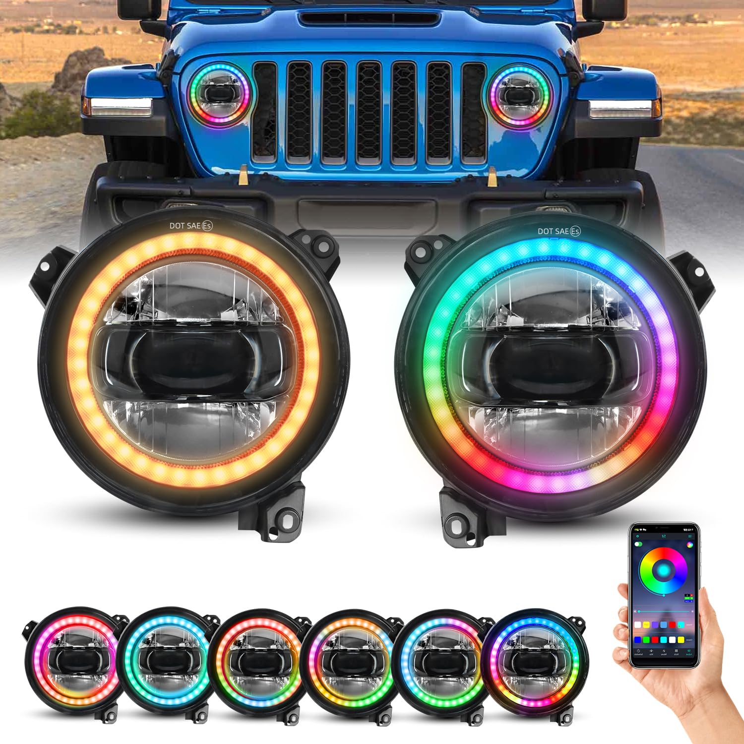 Beeyeo 9 Inch Led Headlights, Round Wrangler Headlight With Halo Drl & Turn Signal For Wrangler Jl 2018 2019 2020 2021, Gladiato