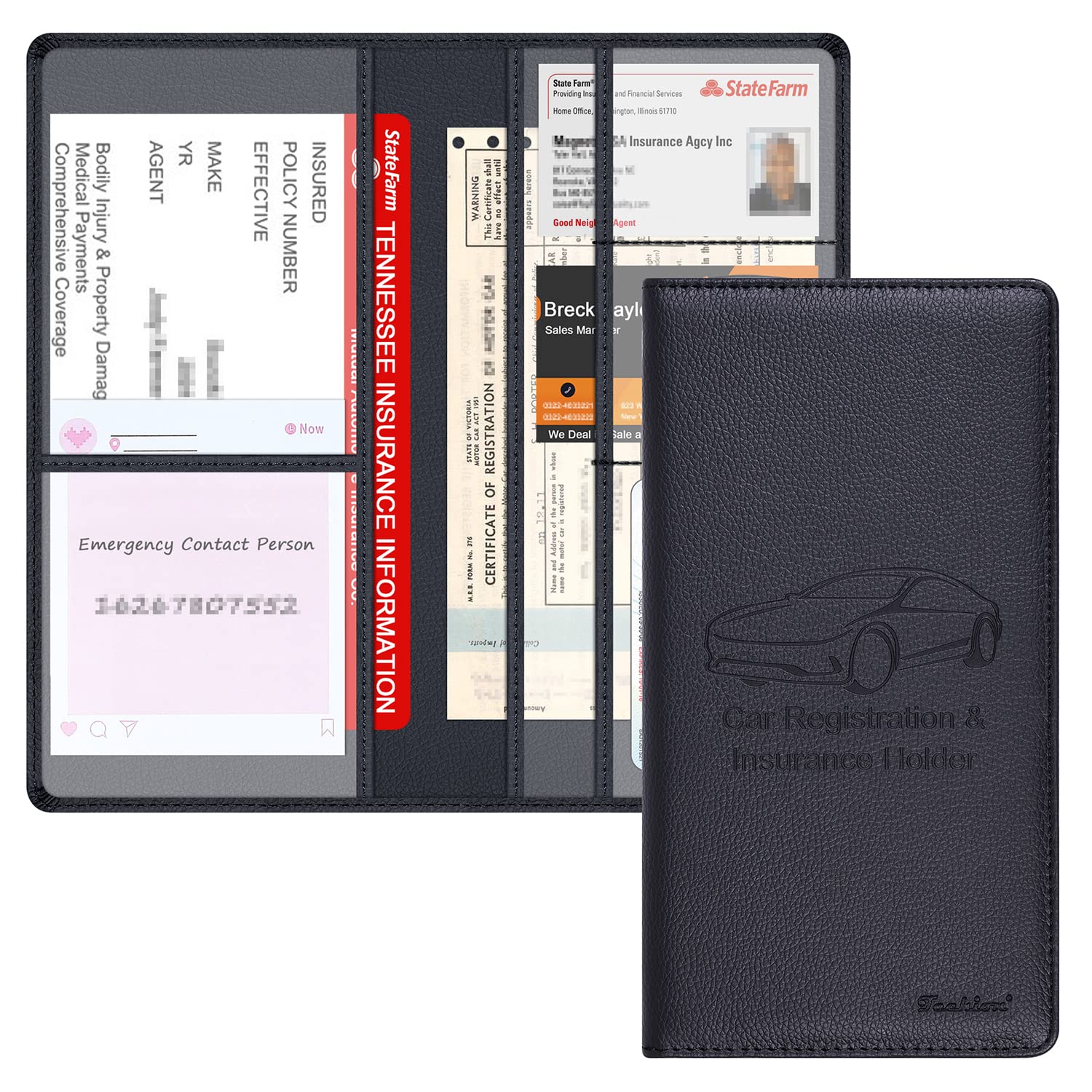 Techion PU Leather Car Insurance and Registration Holder, 9.5x5 Inch Glove Box Organizer Wallet Case - Black