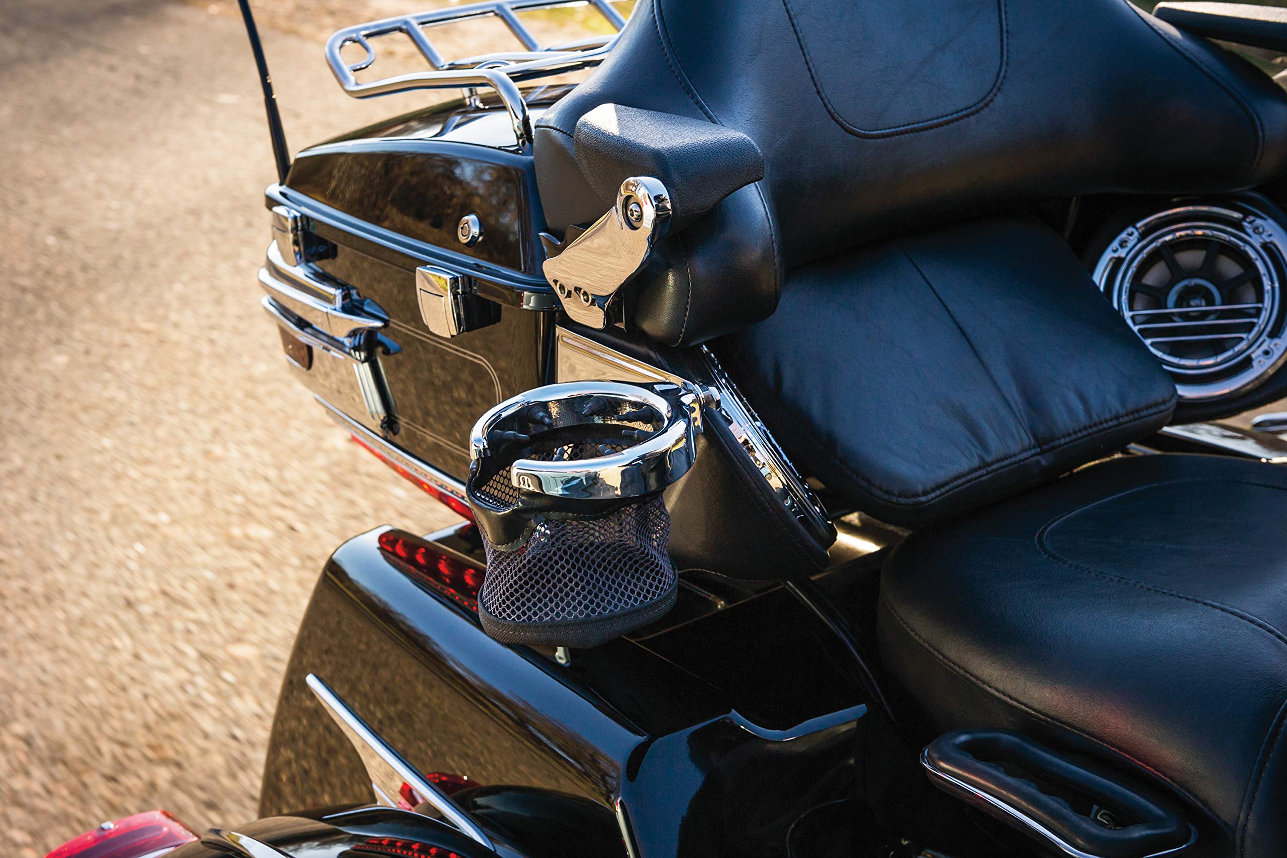 Kuryakyn 1692 Motorcycle Accessory: Passenger Drink/Cup Holder With Mesh Basket For 2014-19 Harley-Davidson Touring & Trike Moto