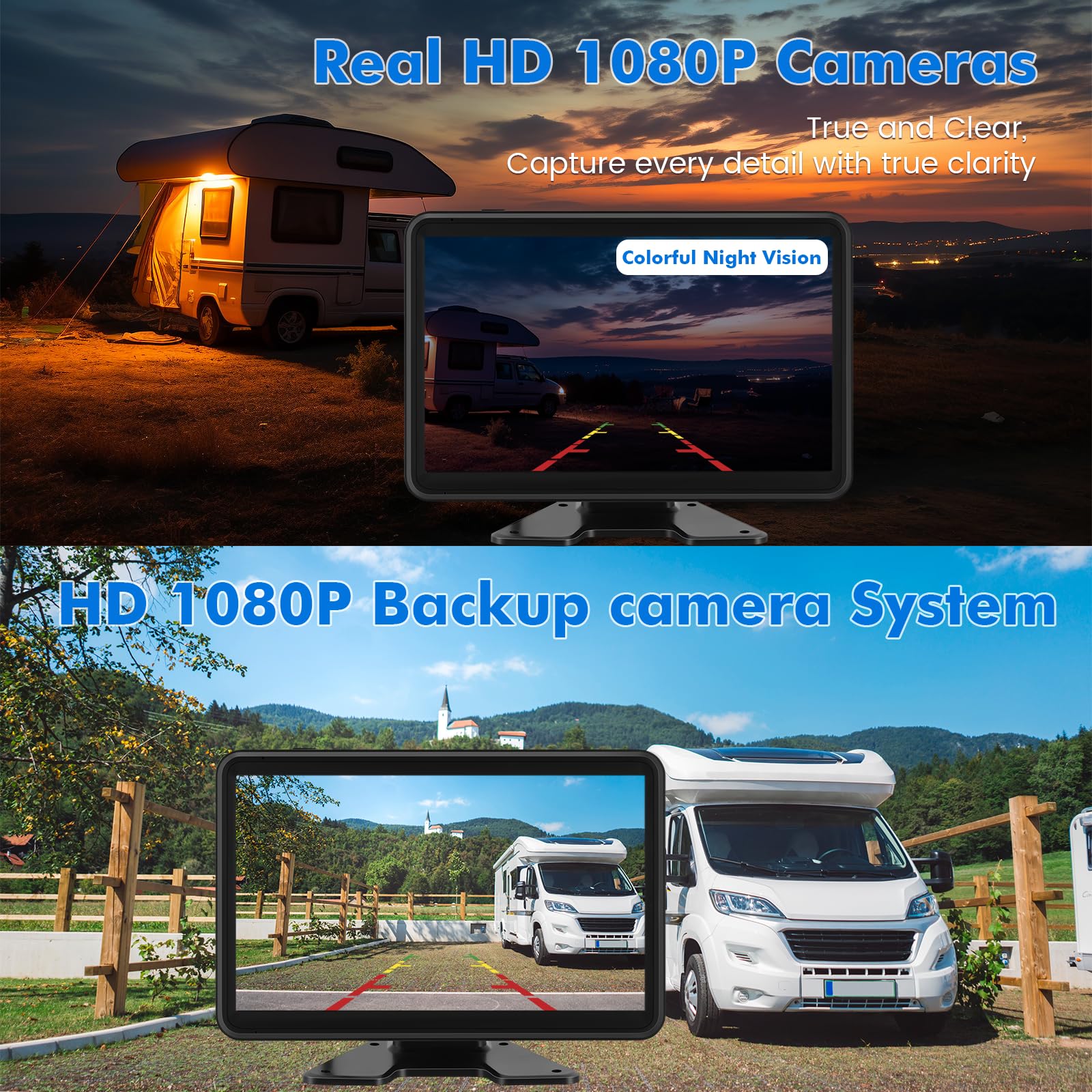 Losuudy Wired Backup Camera System With 10.1'' Touch Monitor, 3 Hd 1080P Rear View& Side View Cameras, 4 Split Screen, Night Vis