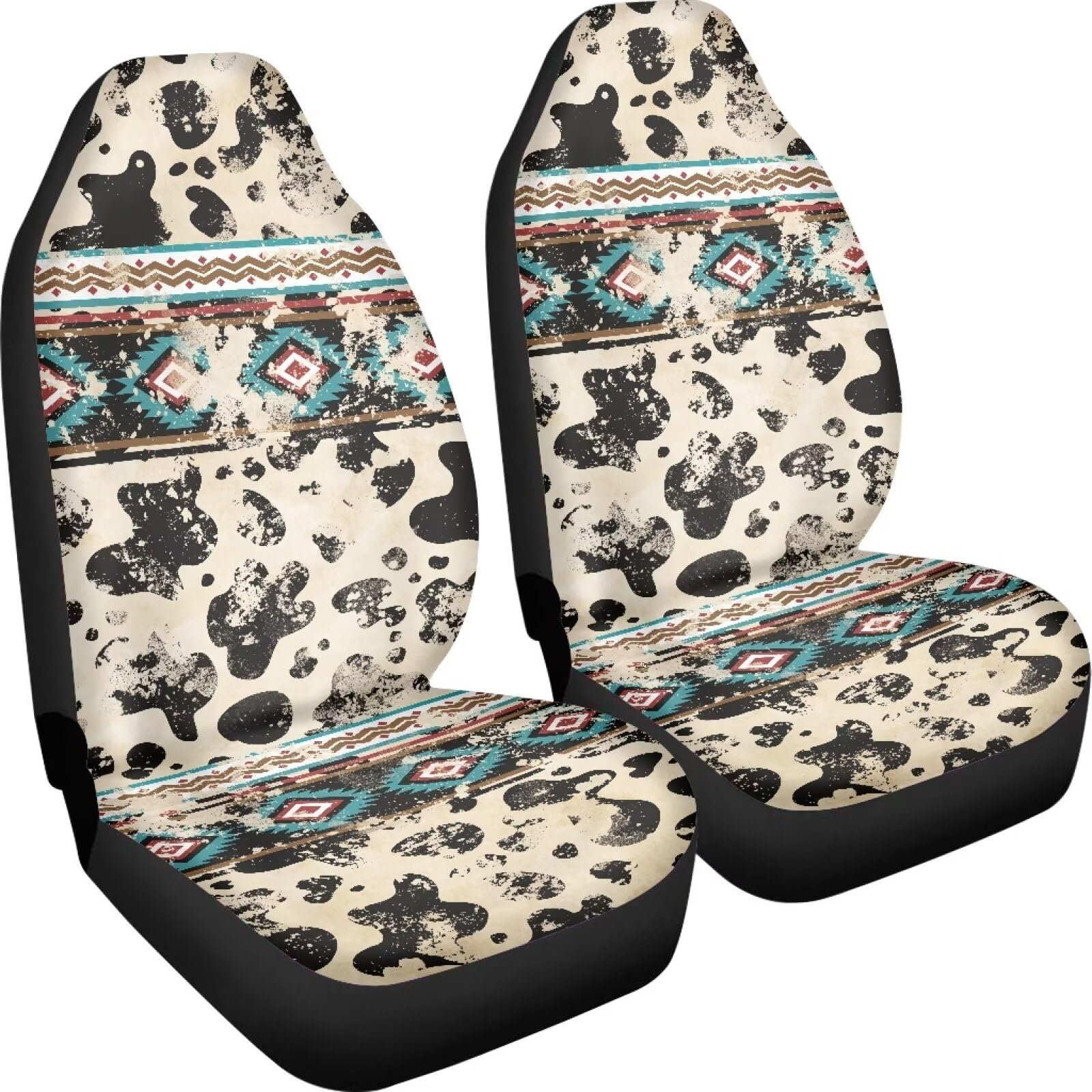 Fuibeng Set Of 2 Western Aztec Cow Automotive Seat Cover Full Set Car Protection Accessory,Comfy Elastic Front Seat Covers For M