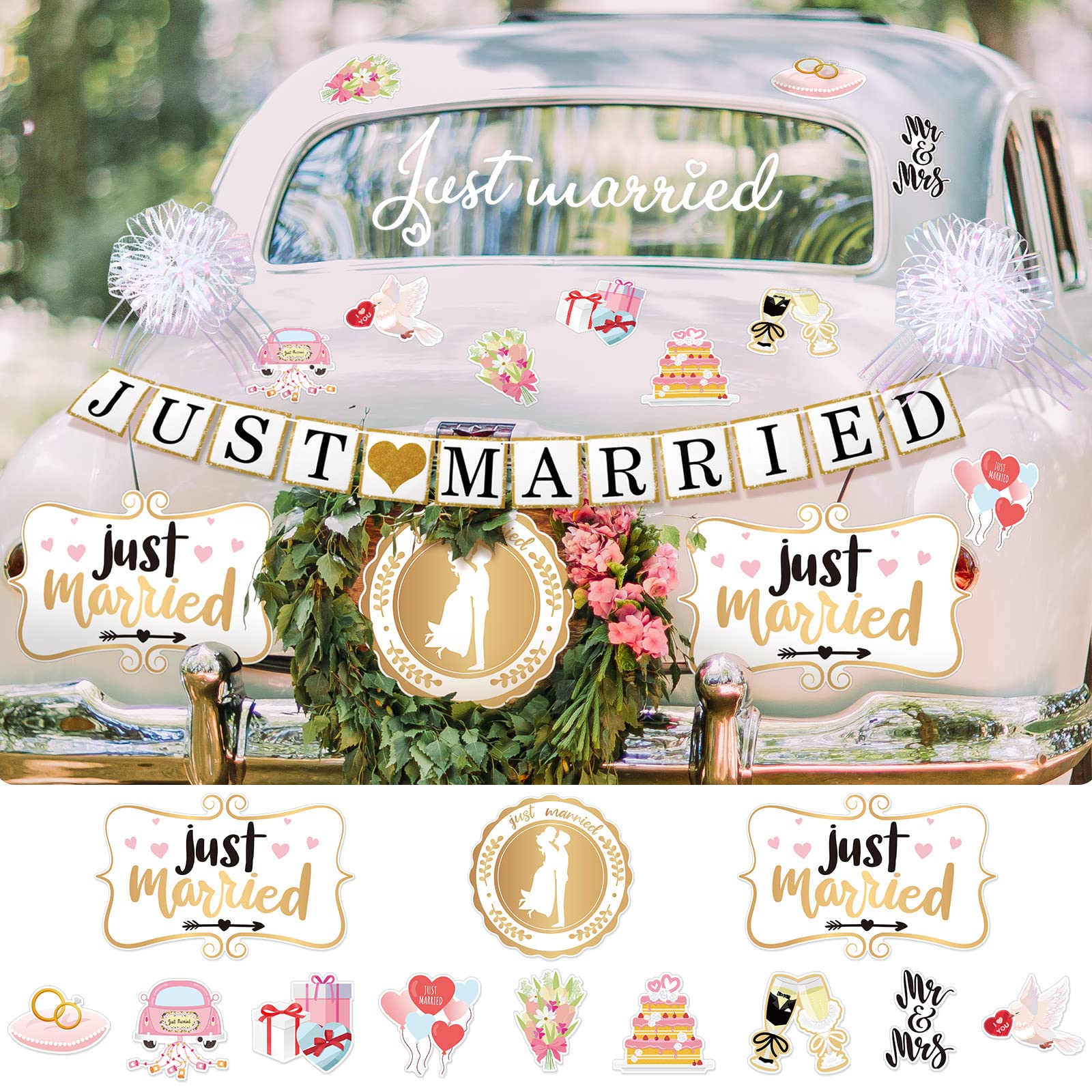 18 Pcs Just Married Wedding Car Decorations Include 12 Just Married Ornate Car Magnets Window Decal Sign Banner 4 Organza Pull B