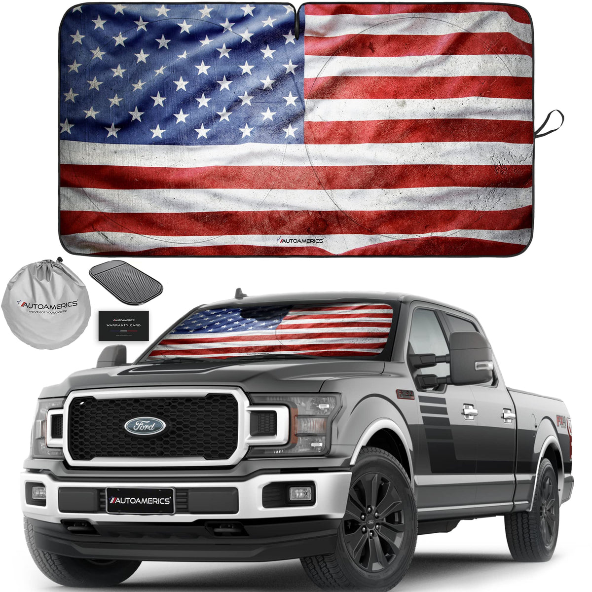 Autoamerics Truck Windshield Sun Shade With Storage Pouch & Anti-Slip Dash Pad - Foldable Grunge Usa Flag-3 Design Cover - Fits