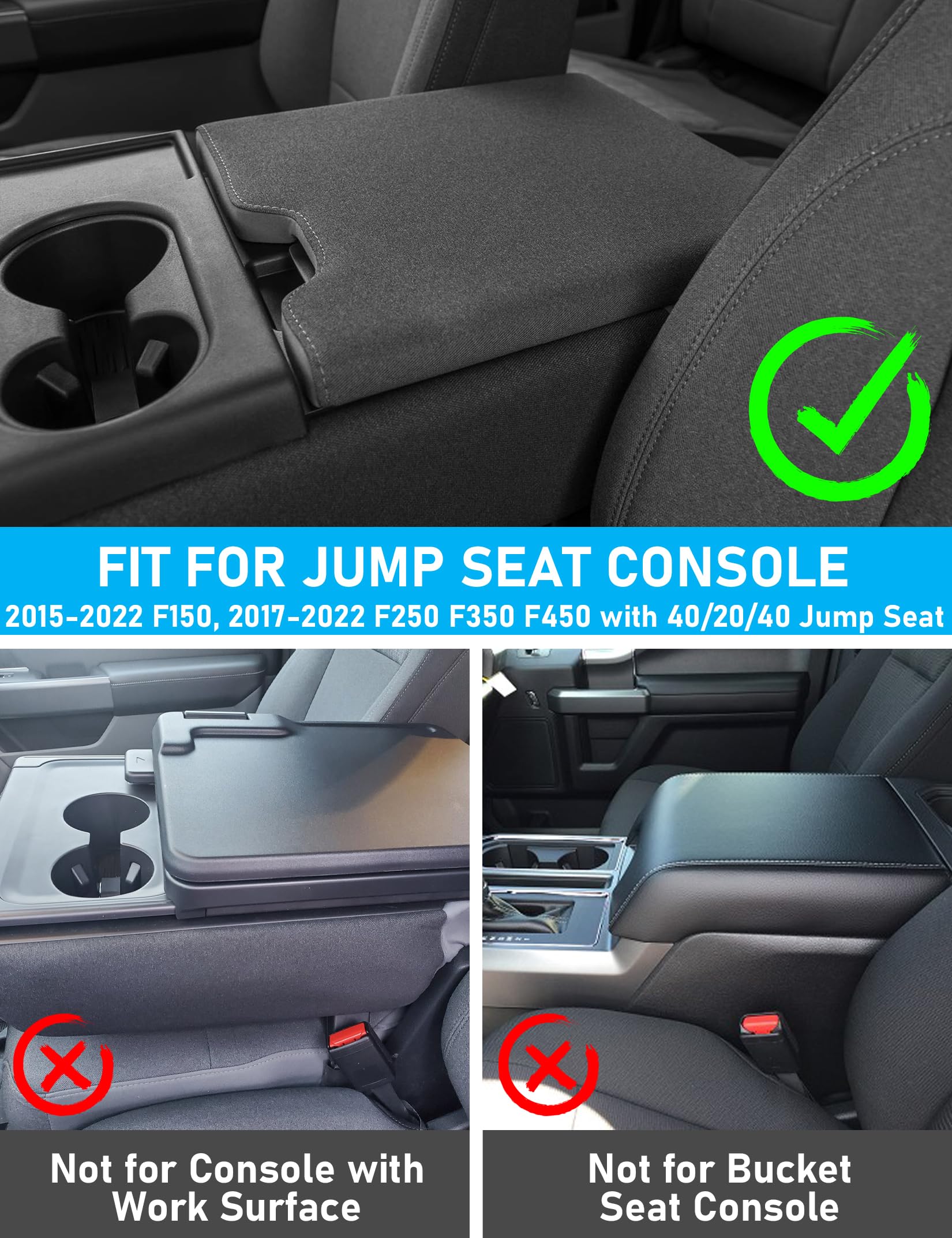 Sinvanho Center Console Cover for Ford F150 F250 F350 F450 F550 2015-2022 with 40/20/40 Jump Seat, PU Leather Middle Console Cov