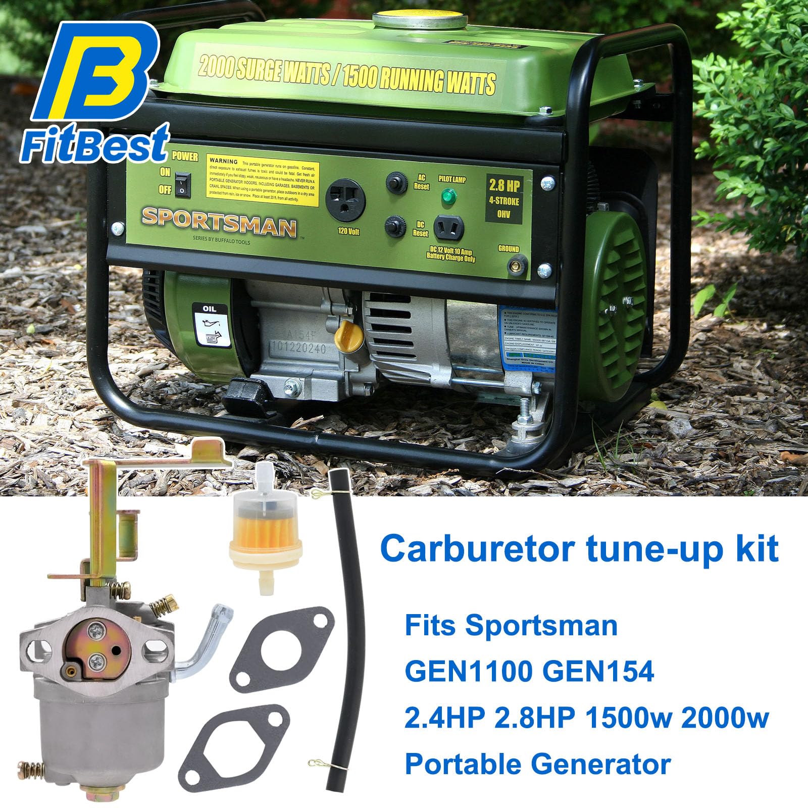 Fitbest Carburetor With Fuel Filter For Buffalo Tools Sportsman Gen1100 Gen154 2.4Hp 2.8Hp 1500W 2000W Homelite Hgca1400 1400 Watt 4-Stroke Ohv Engine Portable Gasoline Generator