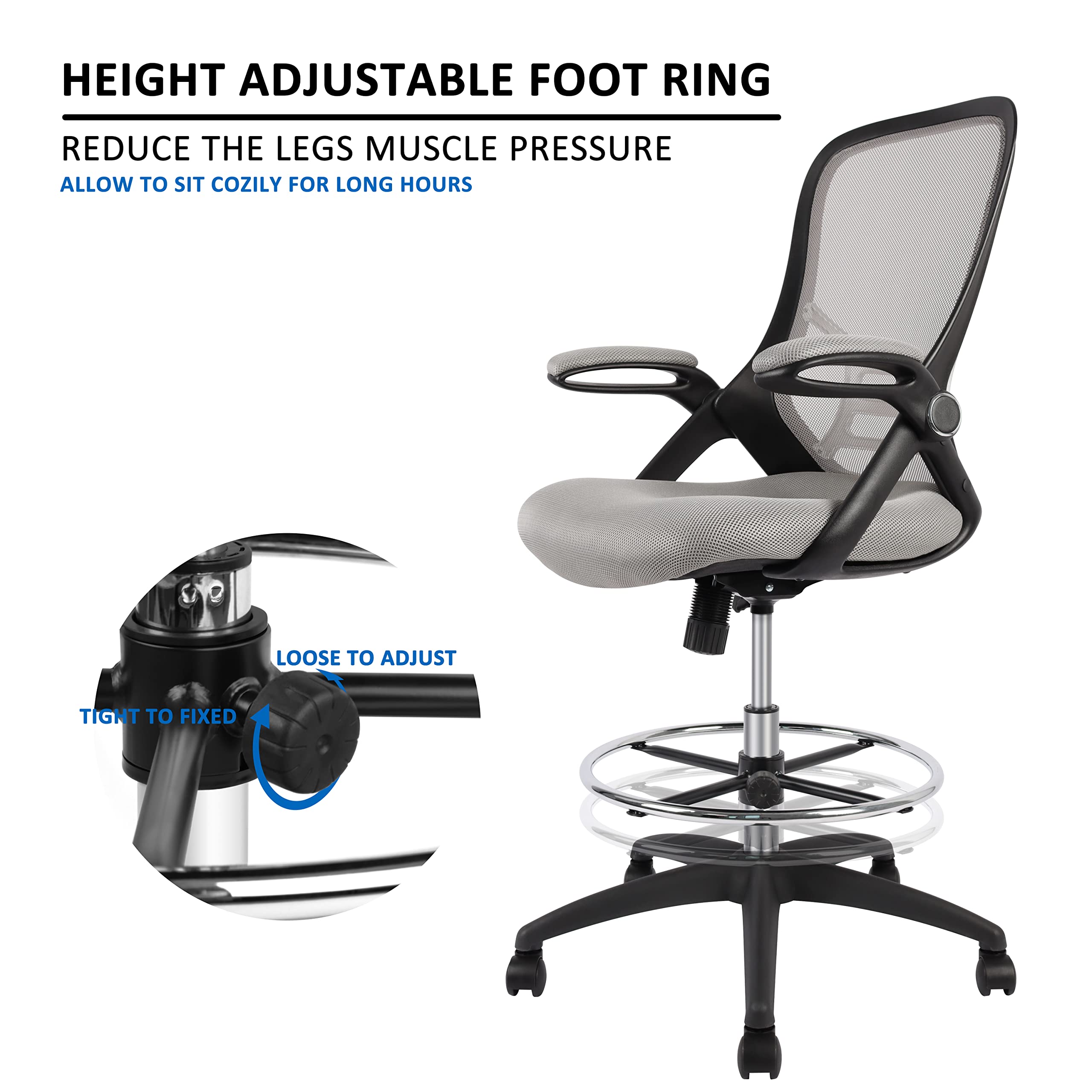 HYLONE High-Back Drafting Chair, Grey Mesh Office Stool with Flip-Up Arms, Adjustable Foot Ring, Tall Design for Standing Desks, 51.4 Height