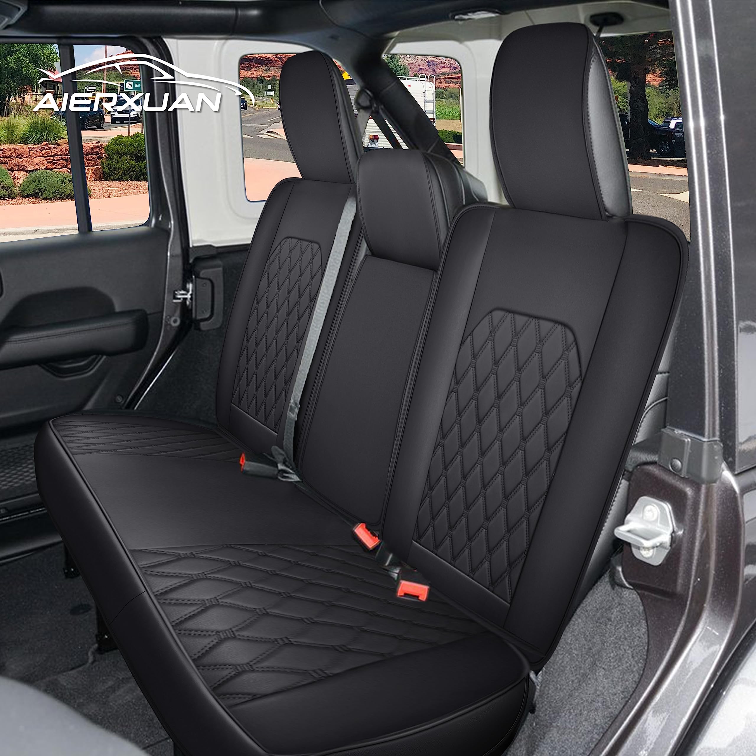 Aierxuan Jeep Wrangler Jk Jl 4-Door Back Seat Covers Custom Fit 2007-2023 Unlimited Rubicon 392 Sahara Willys Sport High Altitude 4X4 Truck Pickup Waterproof Leather (Rear Seat/Black1)