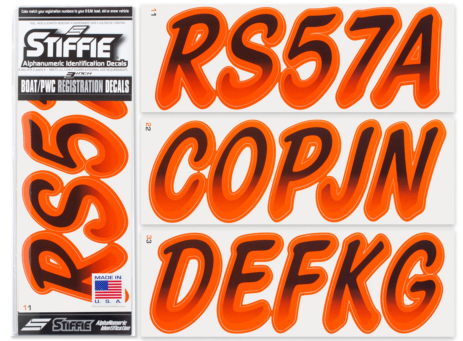 STIFFIE Whipline Black/Orange 3'' Boat & PWC Registration Decals  Numbers Letters Stickers