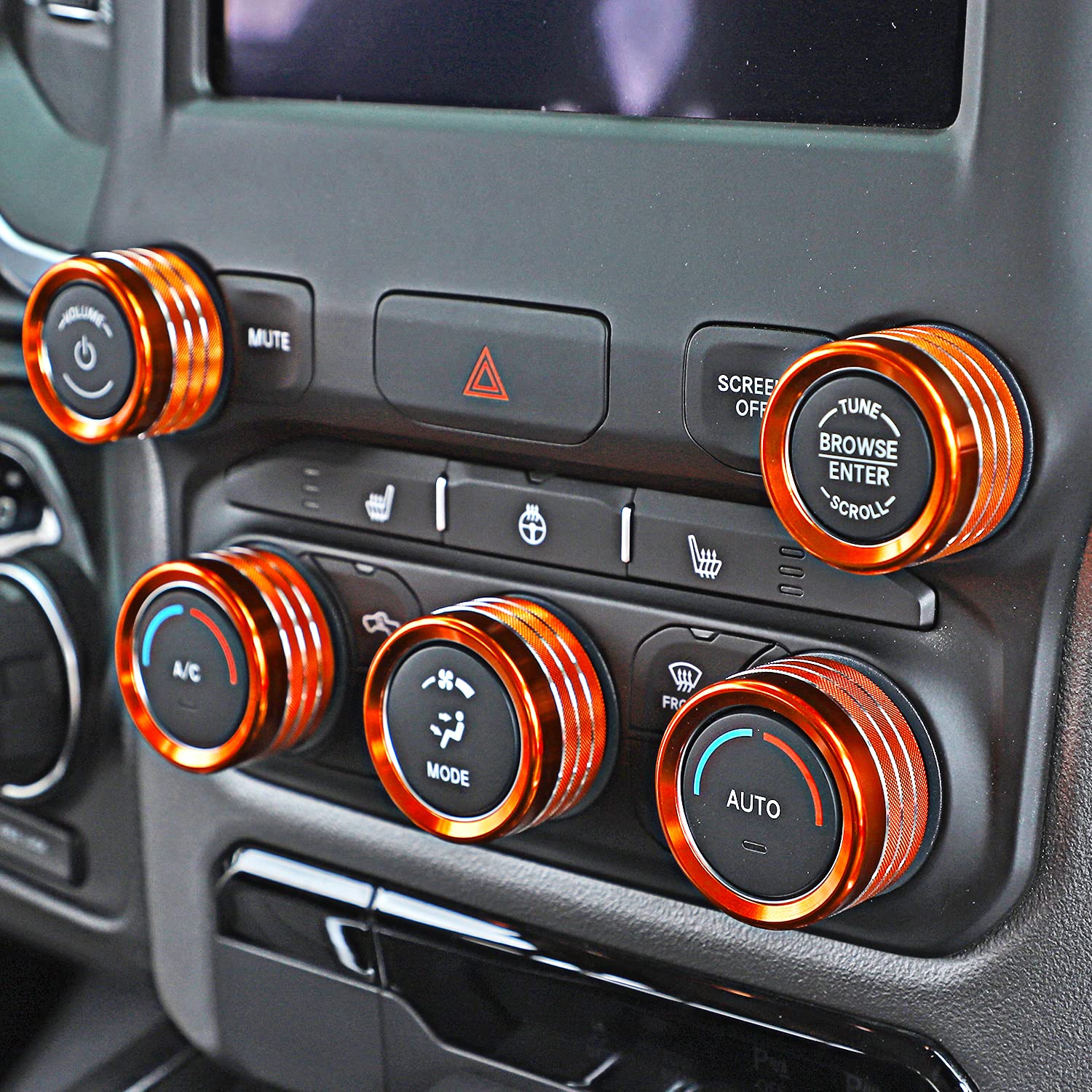 Voodonala for Dodge RAM Aluminum Center Console AC Radio Switch Knob Cover for 2018-2025+ RAM Interior Accessories, 5pcs Orange