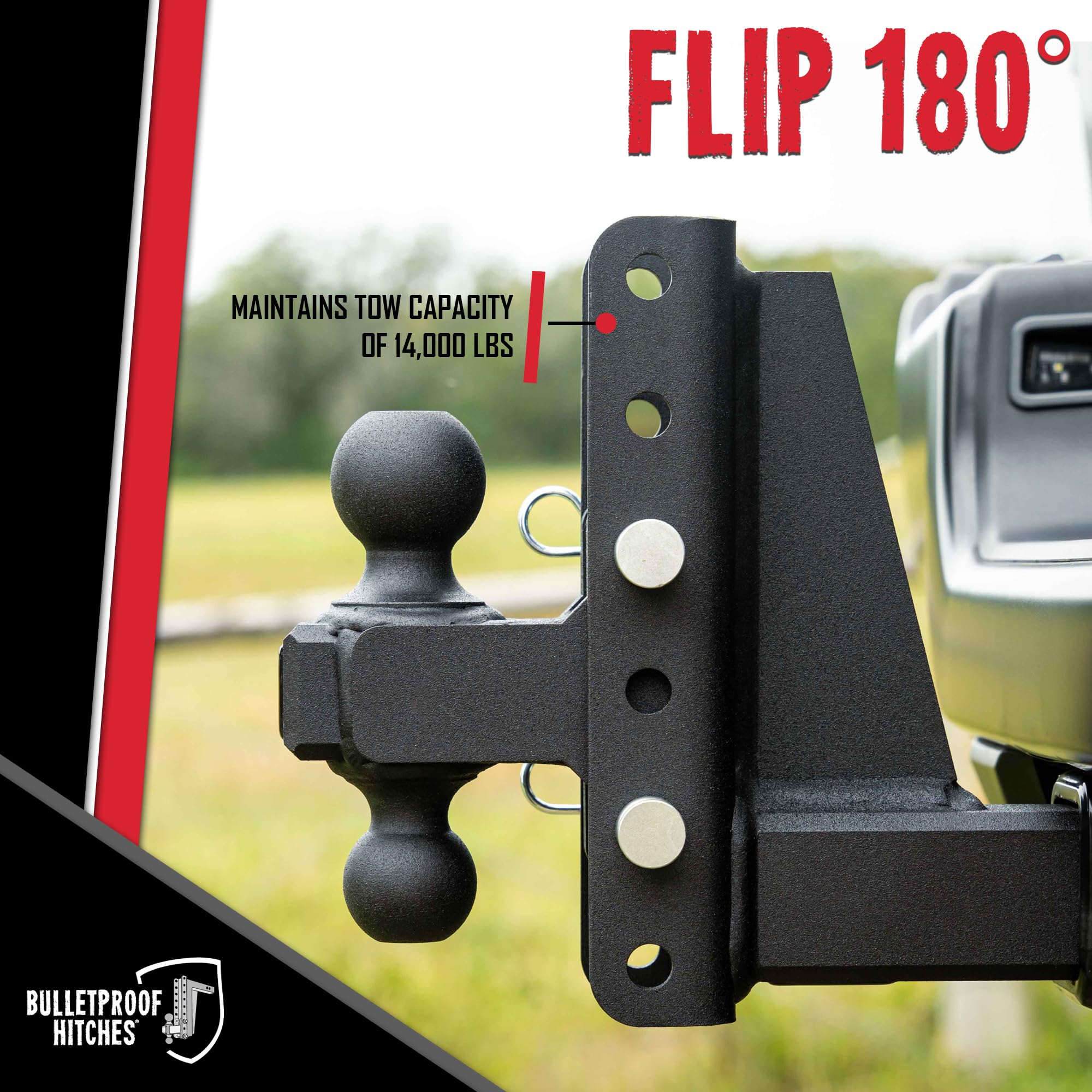 Bulletproof Hitches - 2.0'' Adjustable Medium Duty Trailer Hitch (14,000 Lb. Rating) - 2'' Drop/Rise Trailer Hitch With 2'' & 2-