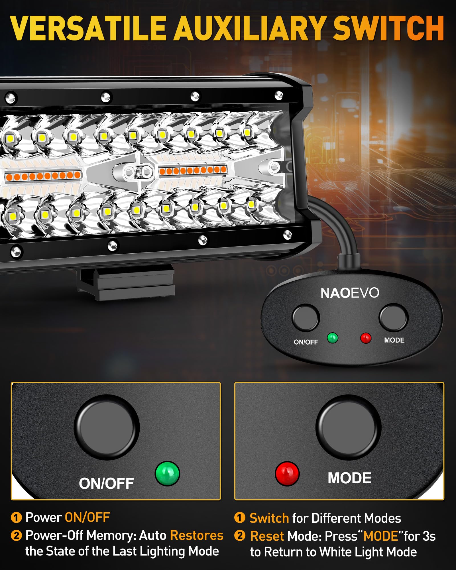 Naoevo 7 Inch Led Light Bar, White Amber Offroad Fog/Driving Lights Led Pods With Strobe/Memory Function, 2 Leads Wiring Harness