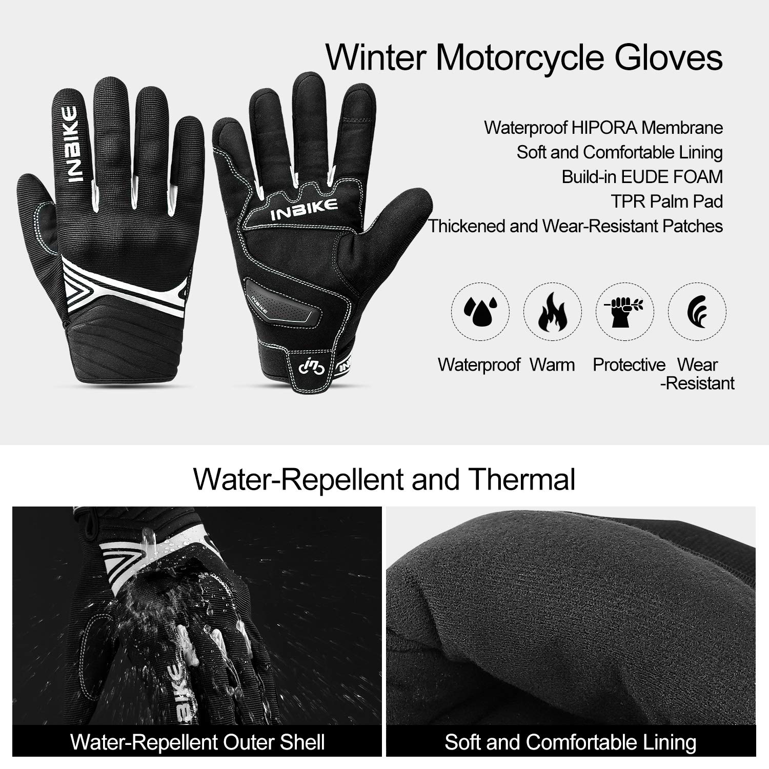 Inbike Waterproof Winter Motorcycle Gloves Thermal Fleece Touchscreen With Tpr Palm Pad Cushioning Hard Knuckle White X-Large