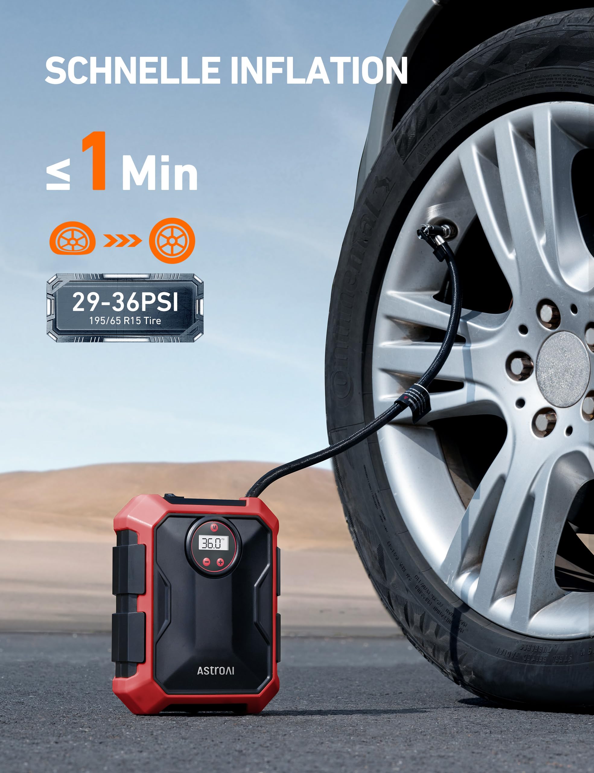 AstroAI 12V DC Tire Inflator Air Compressor - Portable Air Pump for Car Tires & Bicycles, 100PSI, LED Light, Red