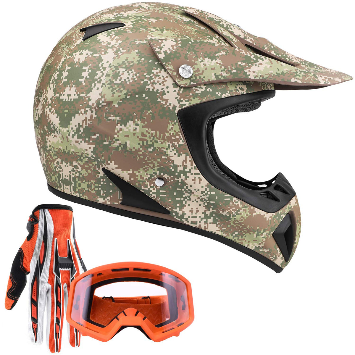 Typhoon Adult Atv Mx Helmet Goggles Gloves Gear Combo Camo W/ Orange Goggles & Gloves ( Small )